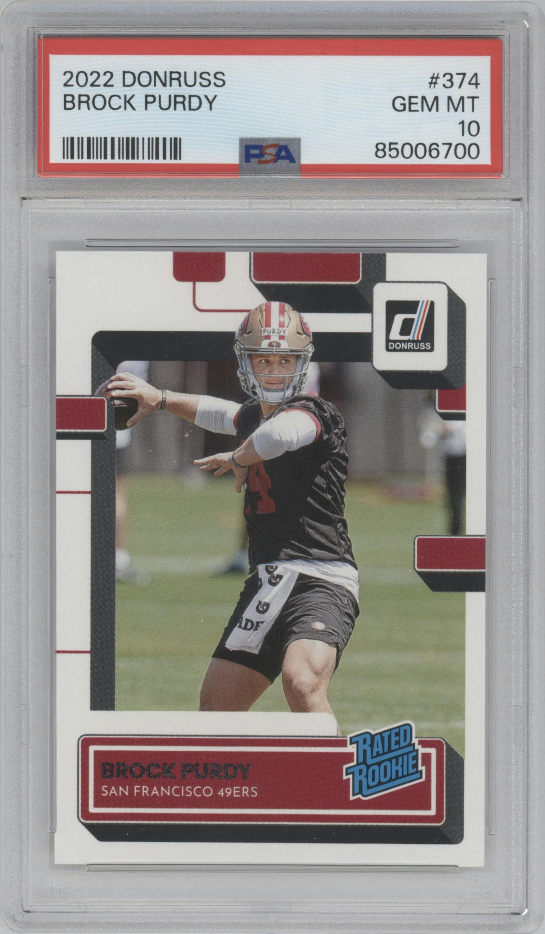 Brock Purdy from the 2022 Panini Donruss set graded by PSA and given an overall grade of 10.