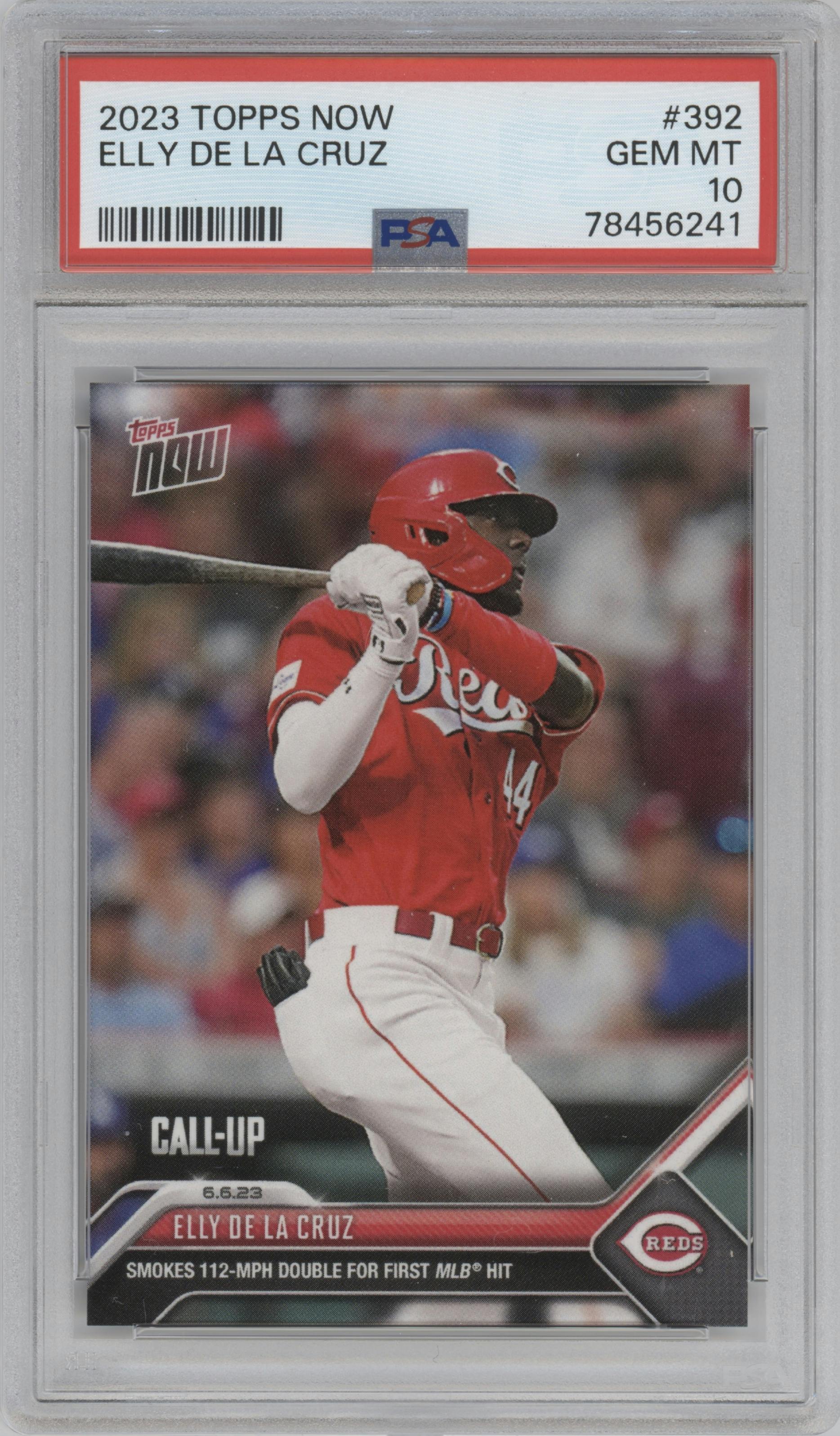 Elly De La Cruz from the 2023 Topps Now set graded by PSA and given an overall grade of 10.