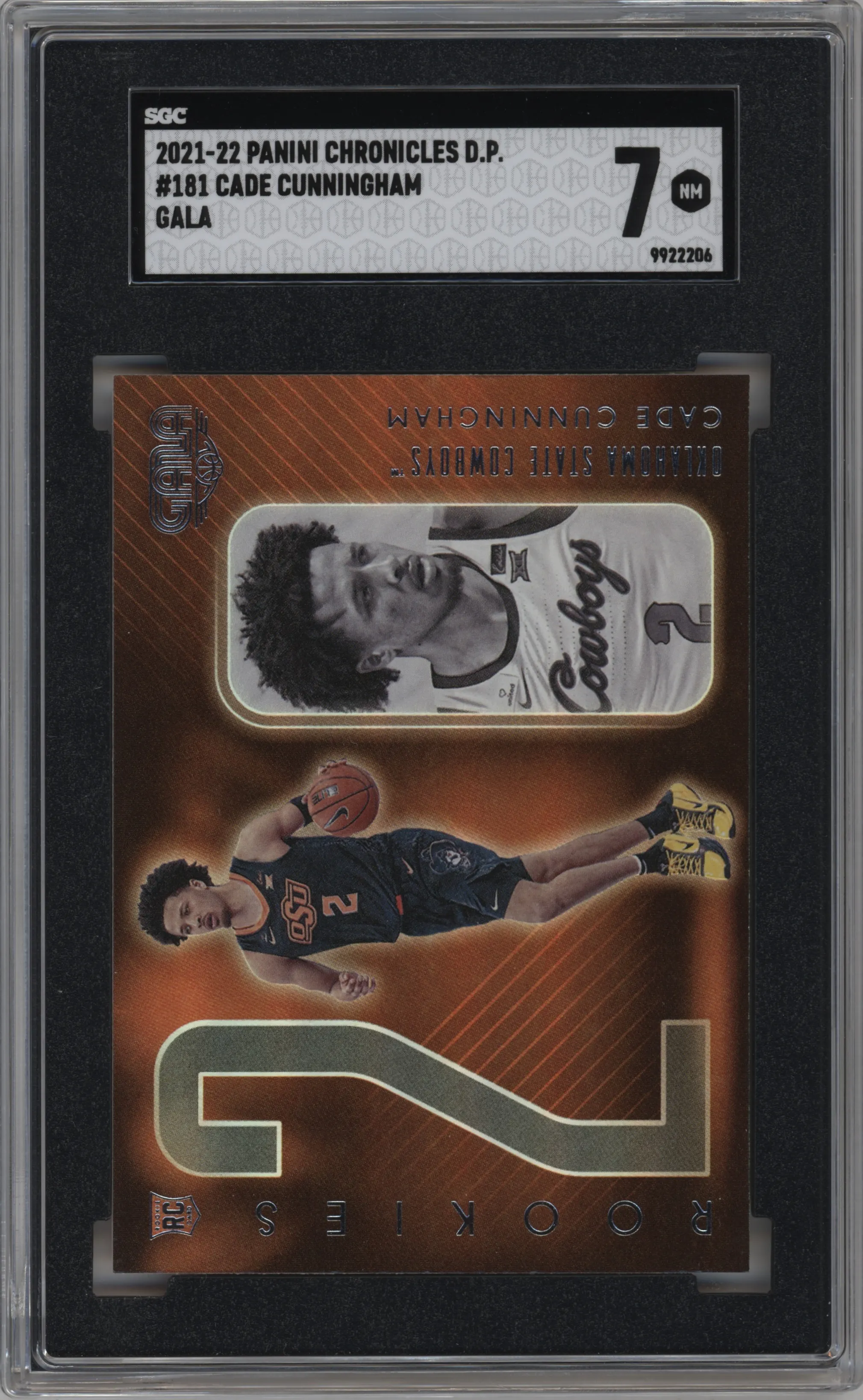 Cade Cunningham from the 2021-22 Panini Chronicles Draft Picks set graded by SGC and given an overall grade of 7.