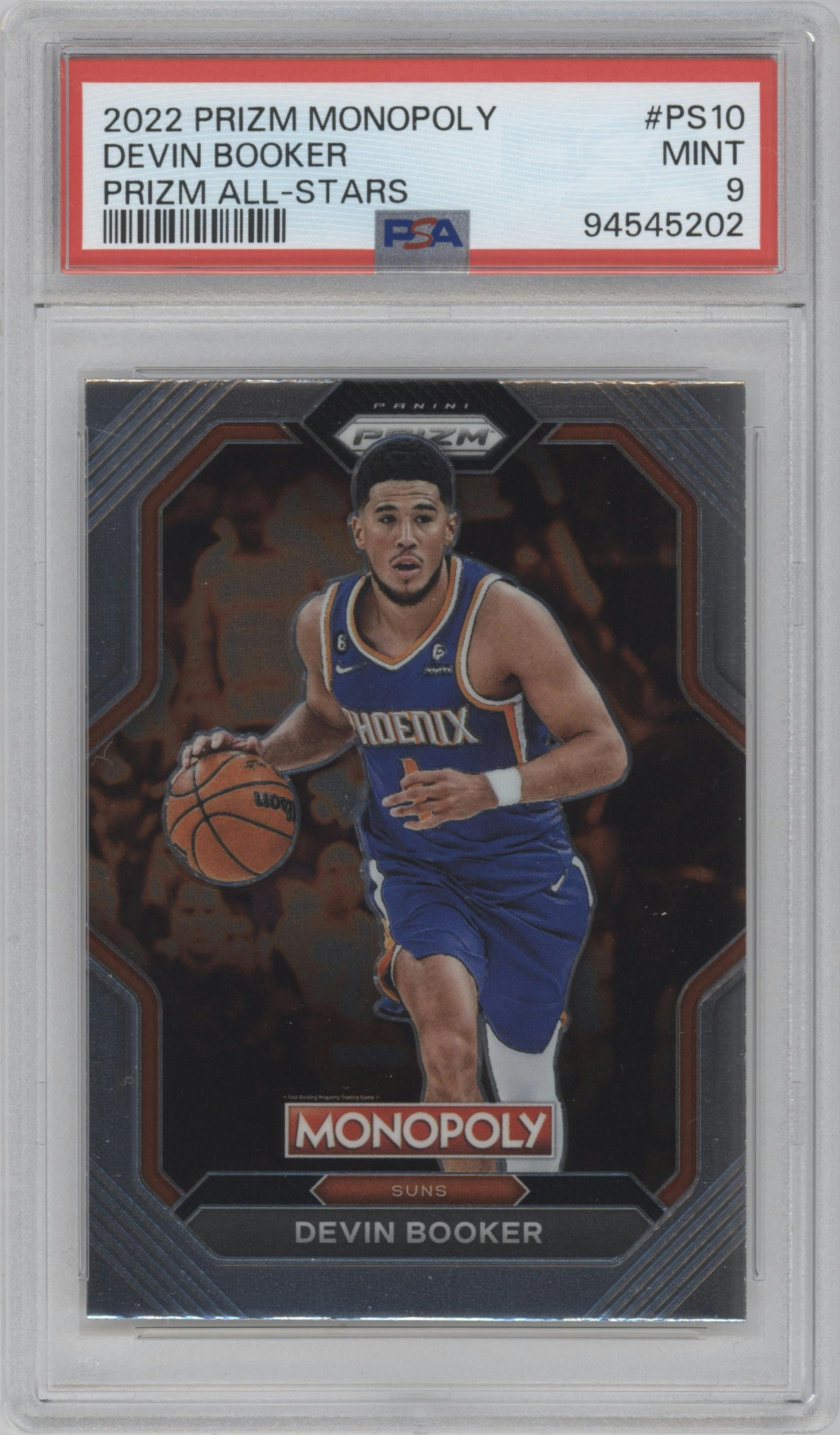 Devin Booker from the 2022-23 Panini Prizm Monopoly set graded by PSA and given an overall grade of 9.