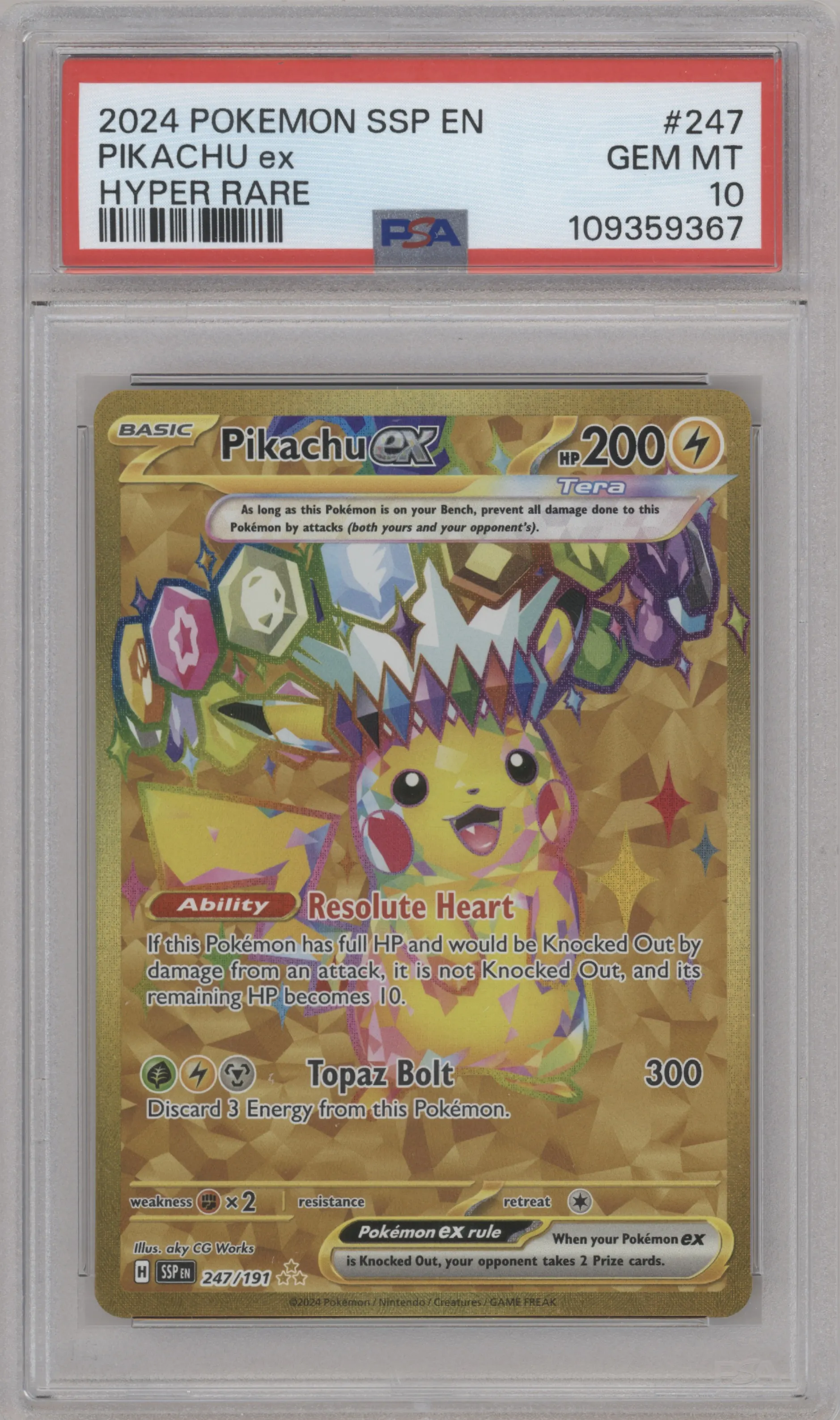Pikachu ex from the 2024 Pokemon SV set graded by PSA and given an overall grade of 10.