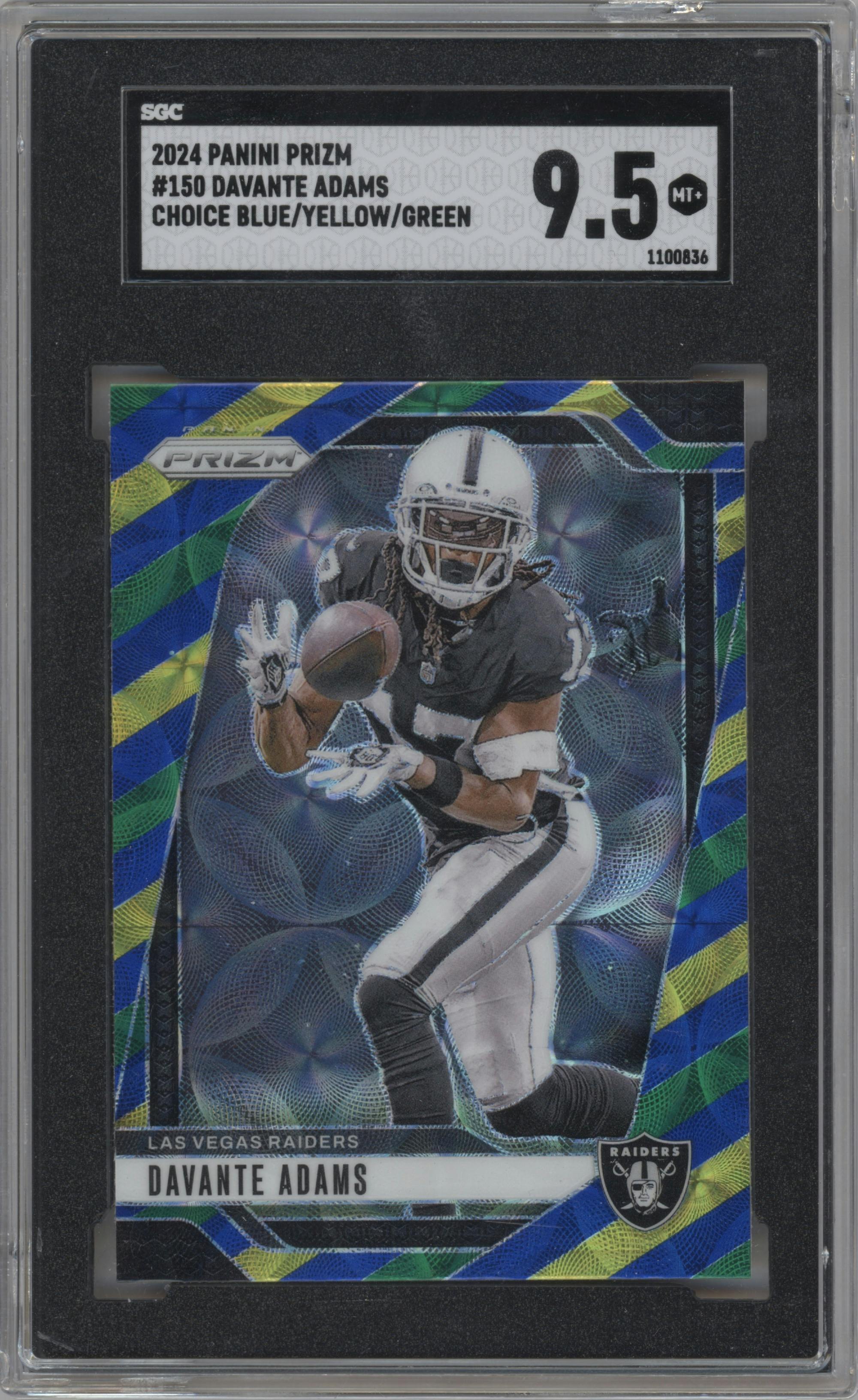 Davante Adams from the 2024 Panini Prizm set featuring a Choice Blue Yellow Green Prizm parallel graded by SGC and given an overall grade of 9.5.