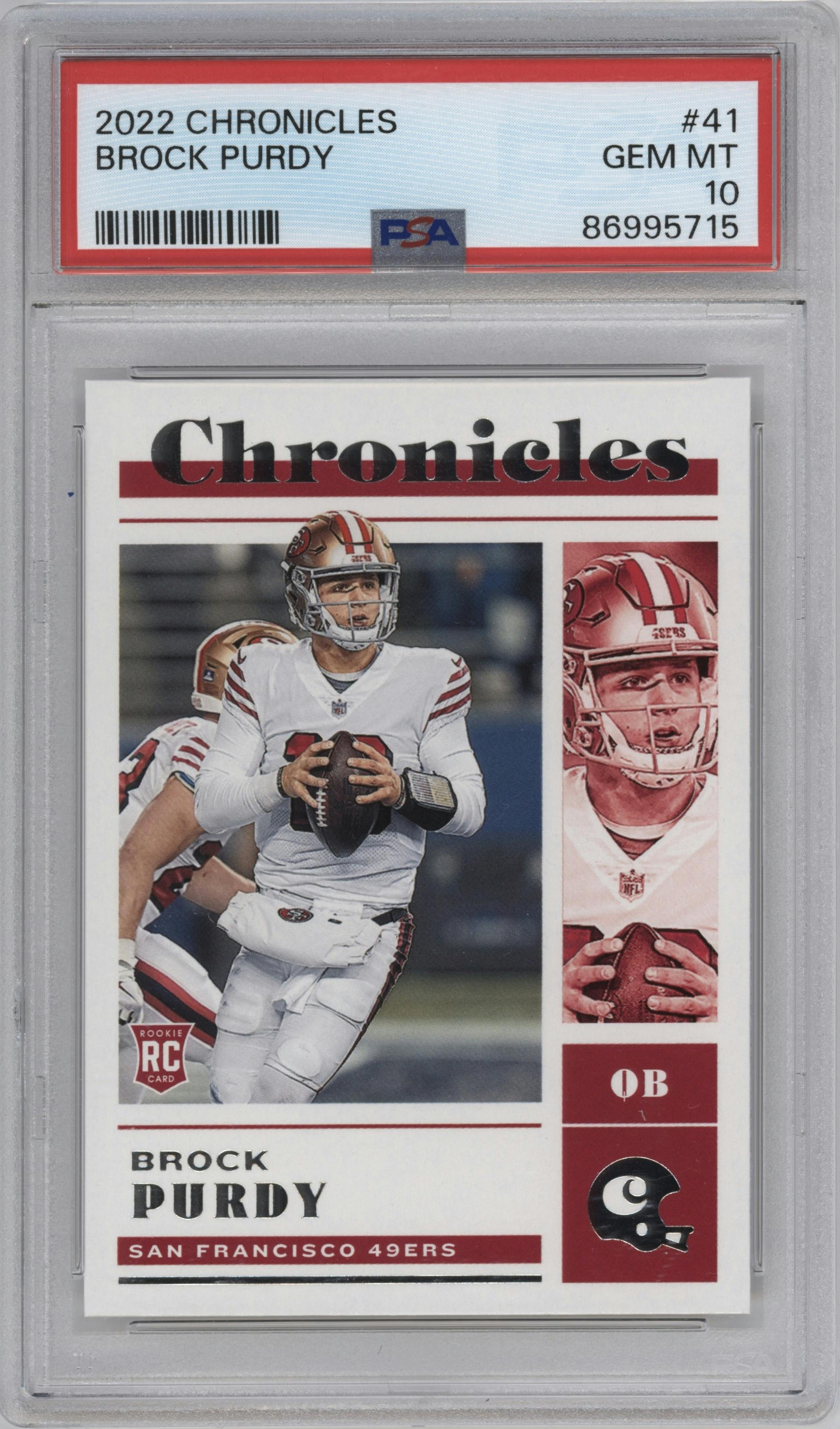 Brock Purdy from the 2022 Panini Chronicles set graded by PSA and given an overall grade of 10.