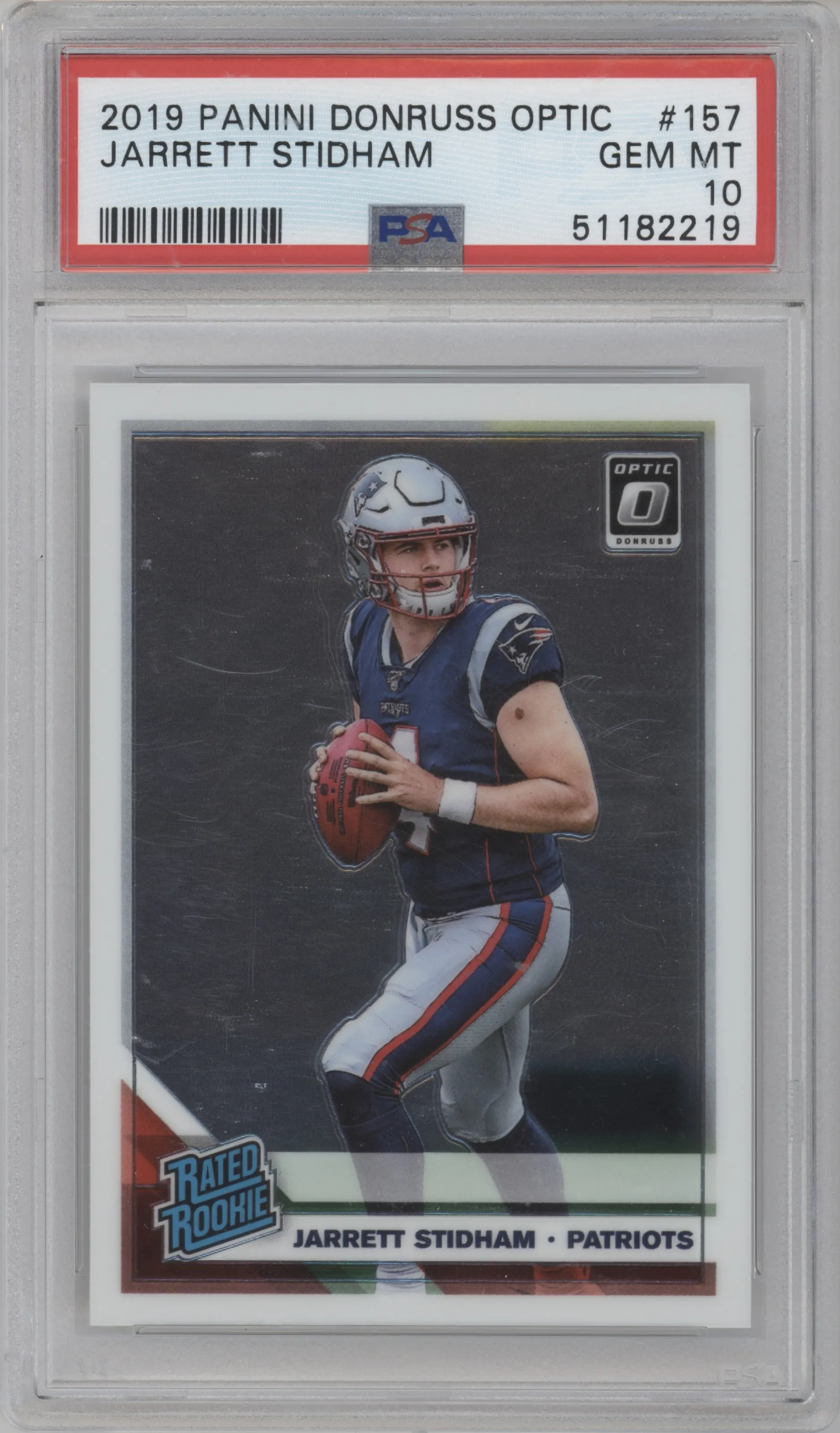 Jarrett Stidham from the 2019 Panini Donruss Optic set graded by PSA and given an overall grade of 10.