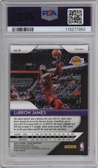 LeBron James from the 2018-19 Panini Prizm set featuring a Choice Tiger Stripe parallel graded by PSA and given an overall grade of 10.