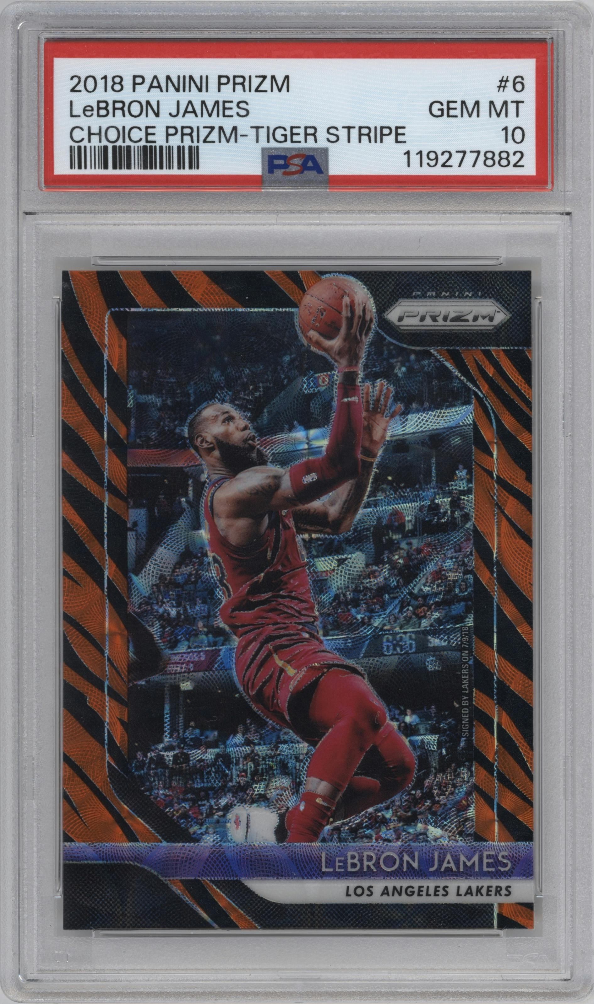 LeBron James from the 2018-19 Panini Prizm set featuring a Choice Tiger Stripe parallel graded by PSA and given an overall grade of 10.