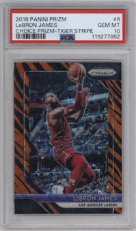 LeBron James from the 2018-19 Panini Prizm set featuring a Choice Tiger Stripe parallel graded by PSA and given an overall grade of 10.