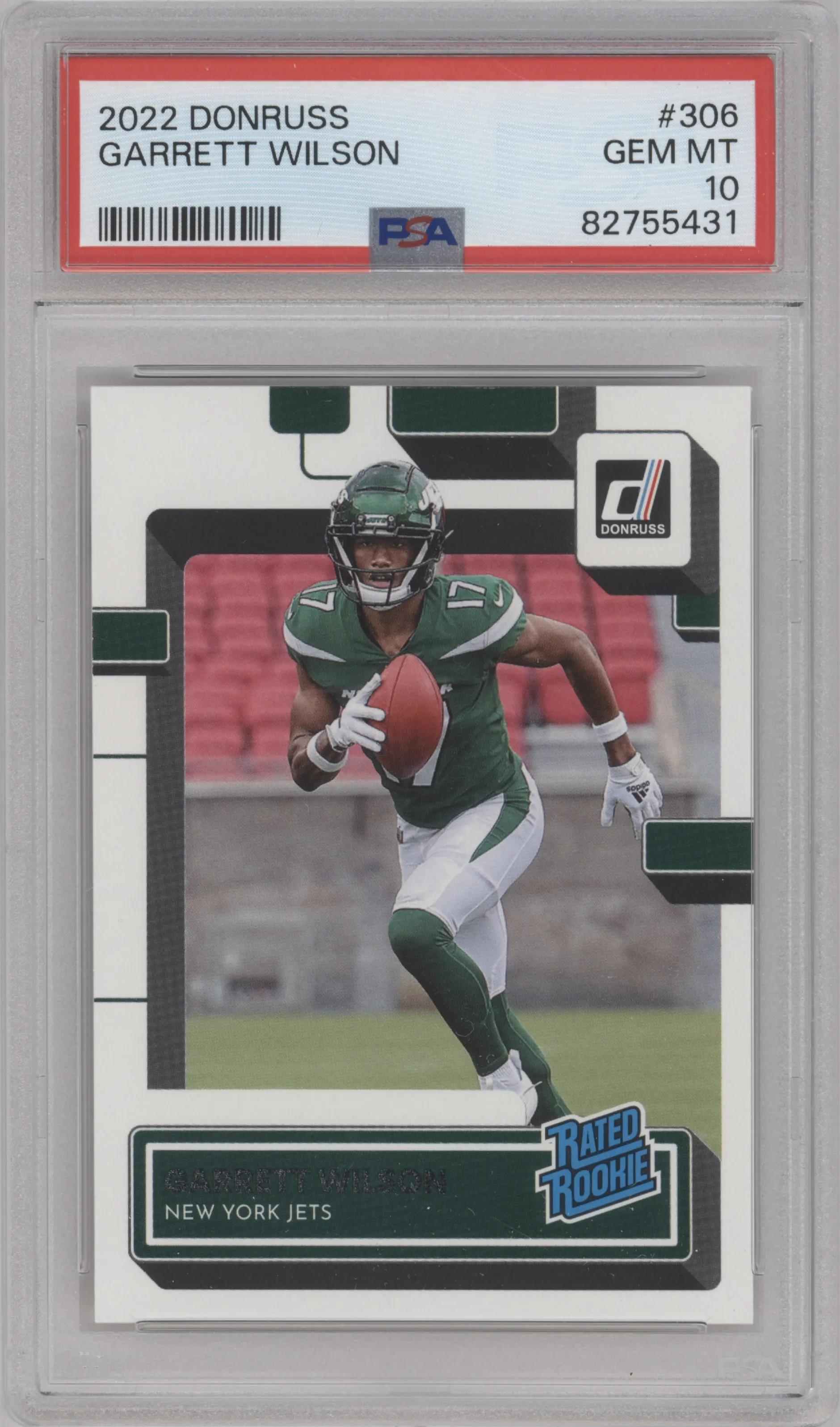 Garrett Wilson from the 2022 Panini Donruss set graded by PSA and given an overall grade of 10.