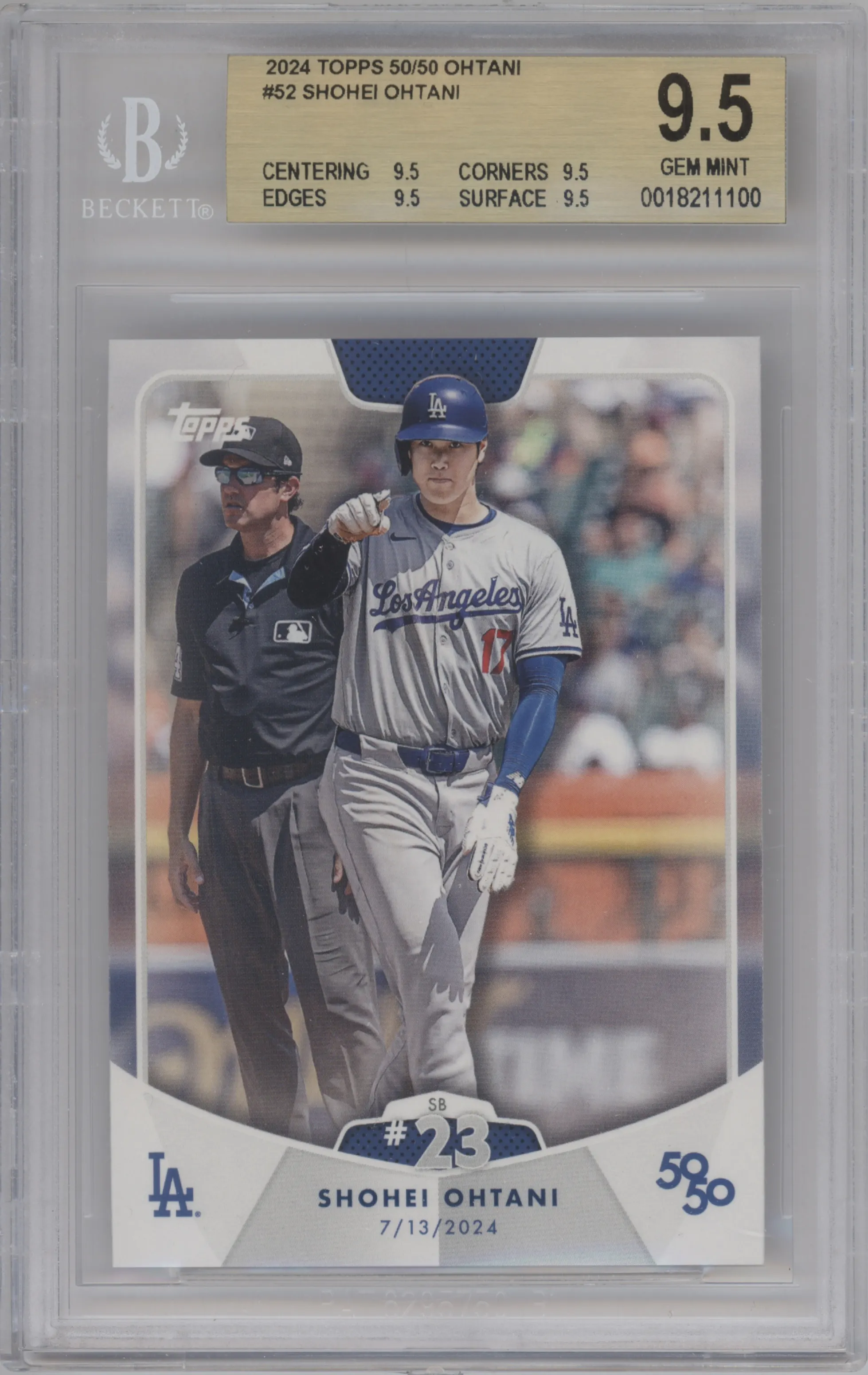 Shohei Ohtani from the 2024 Topps 50/50 set graded by Beckett and given an overall grade of 9.5.