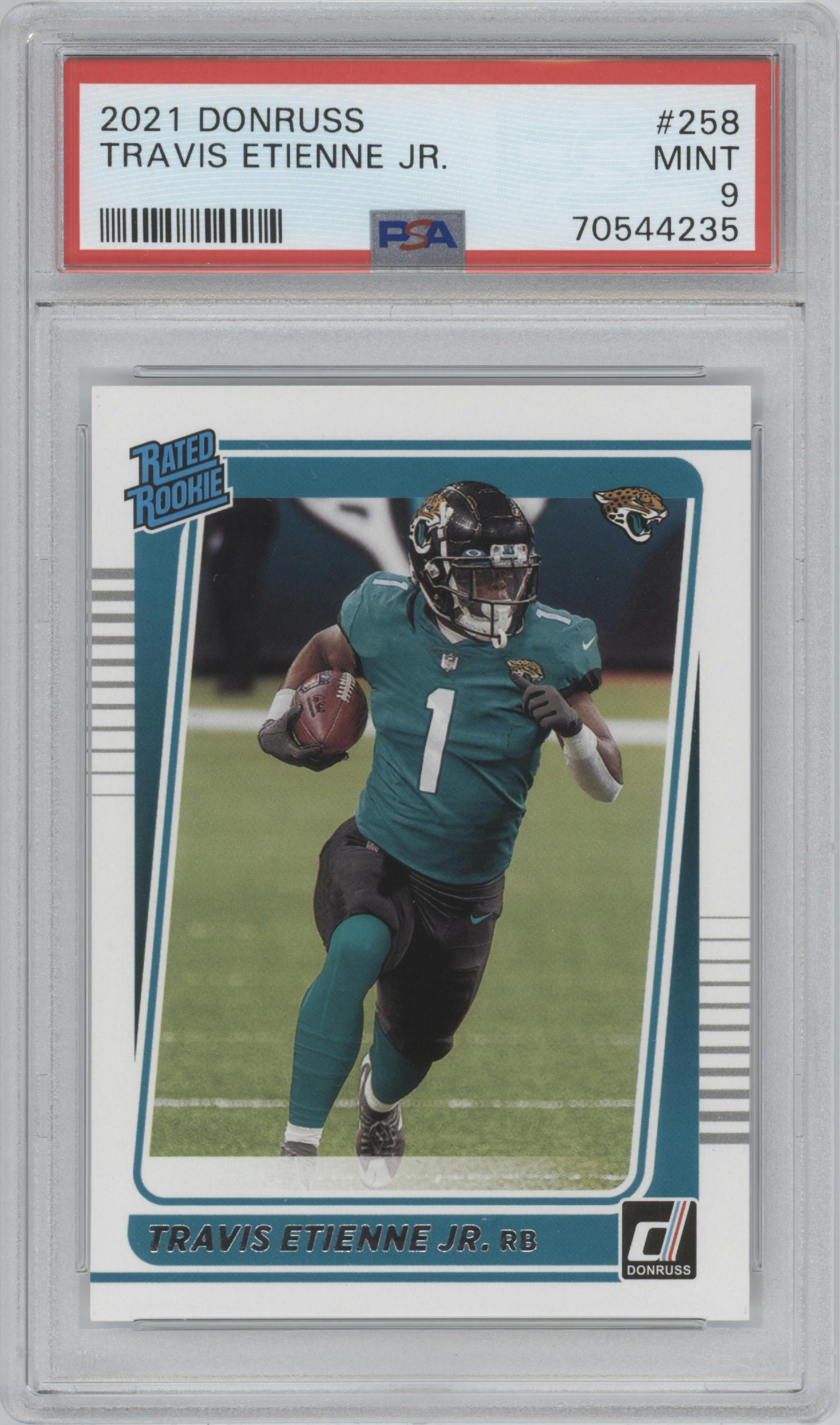 Travis Etienne Jr. from the 2021 Panini Donruss set graded by PSA and given an overall grade of 9.