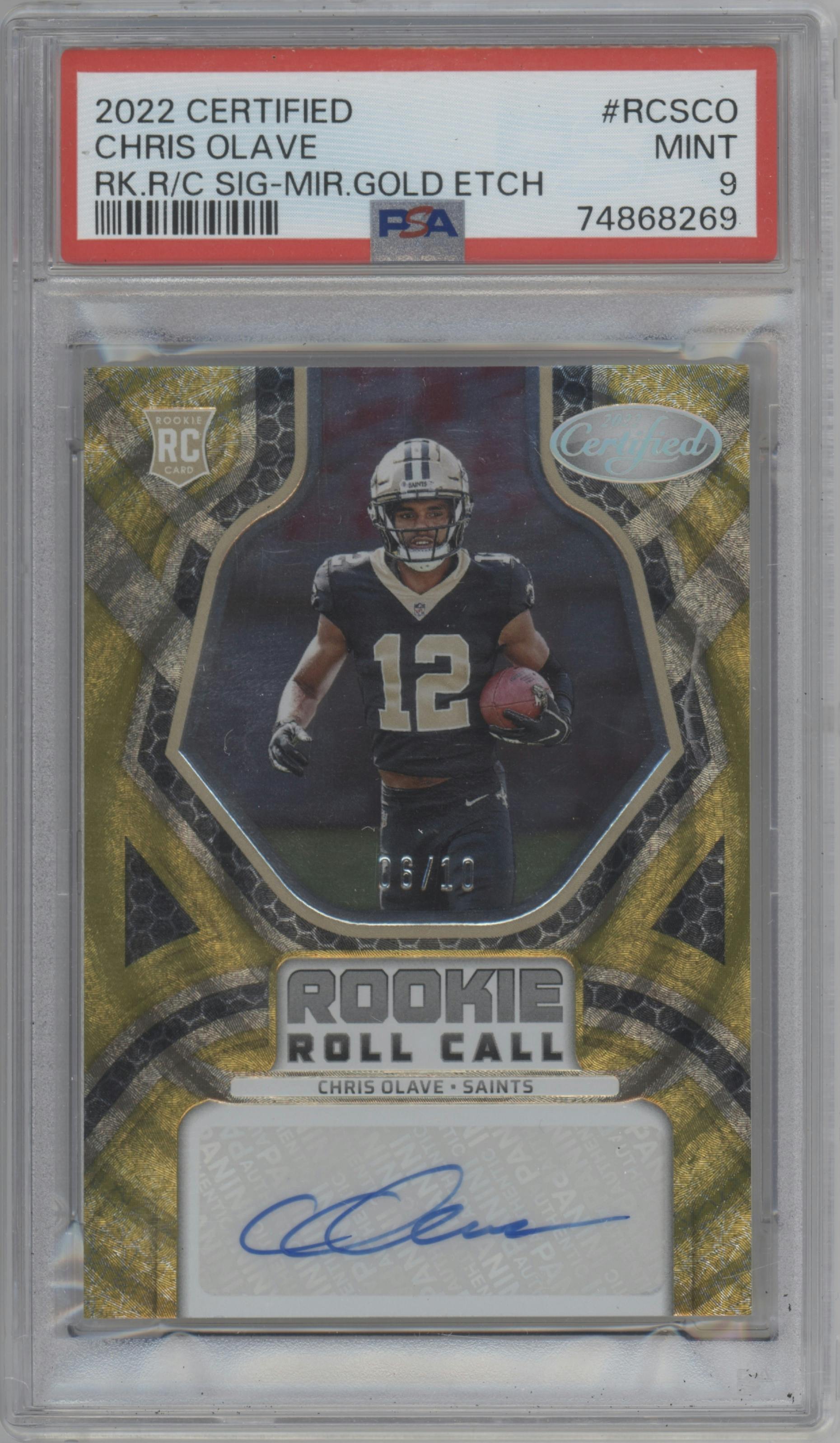 Chris Olave from the 2022 Panini Certified set featuring a Mirror Gold Etch parallel graded by PSA and given an overall grade of 9.