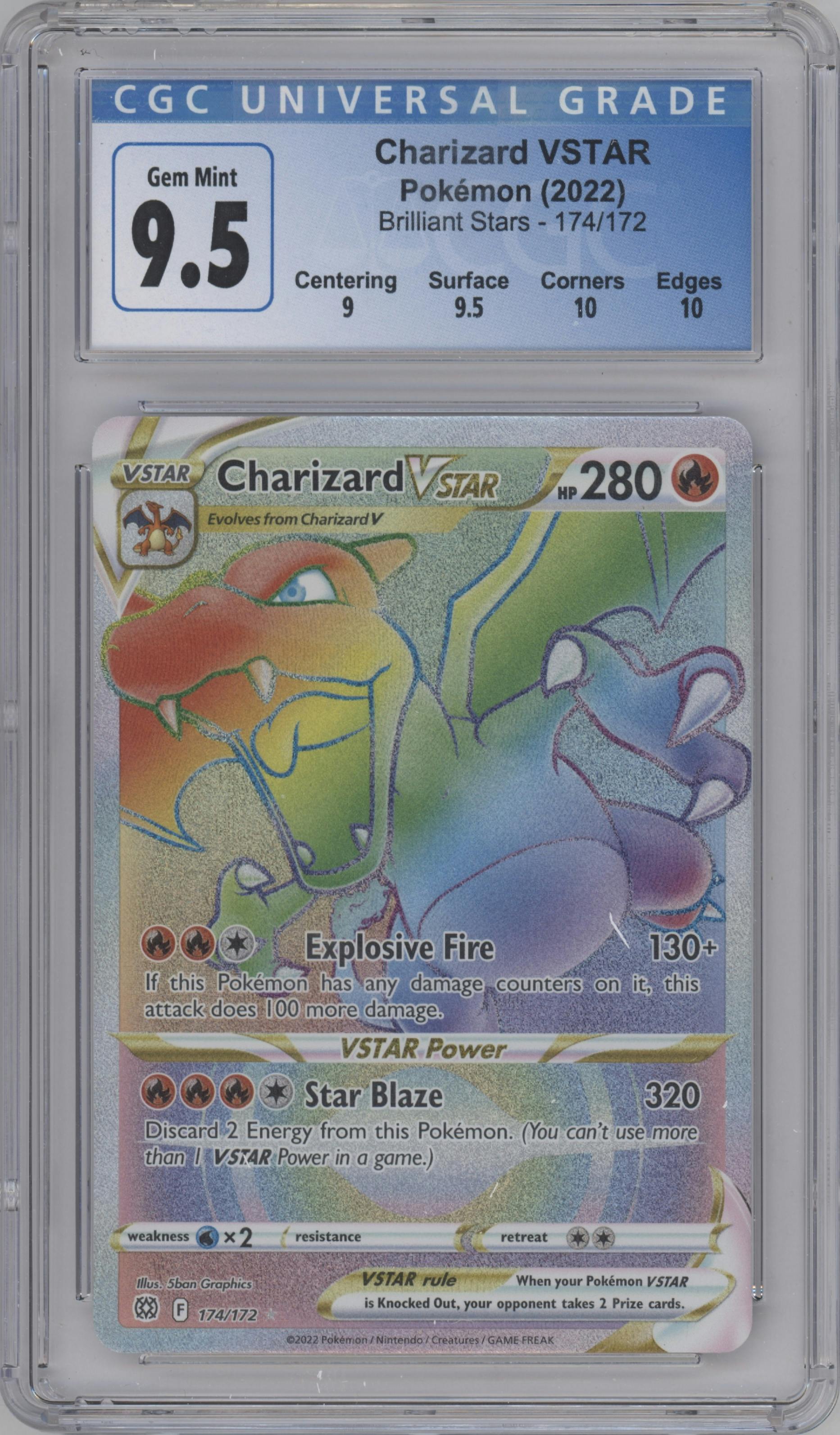 Charizard VSTAR from the 2022 Pokemon SWSH set graded by CSG and given an overall grade of 9.5.