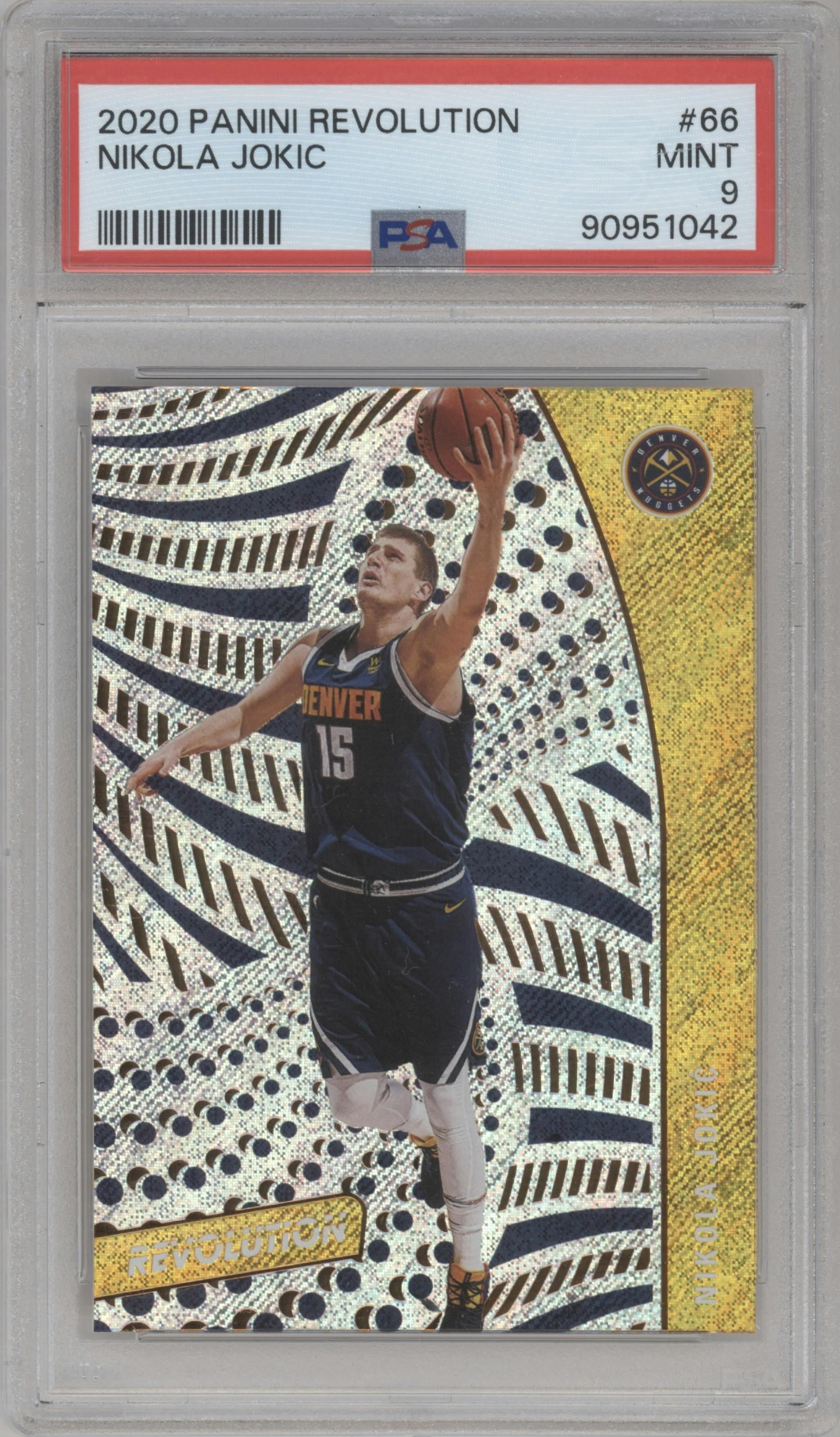 Nikola Jokic from the 2020-21 Panini Revolution set graded by PSA and given an overall grade of 9.