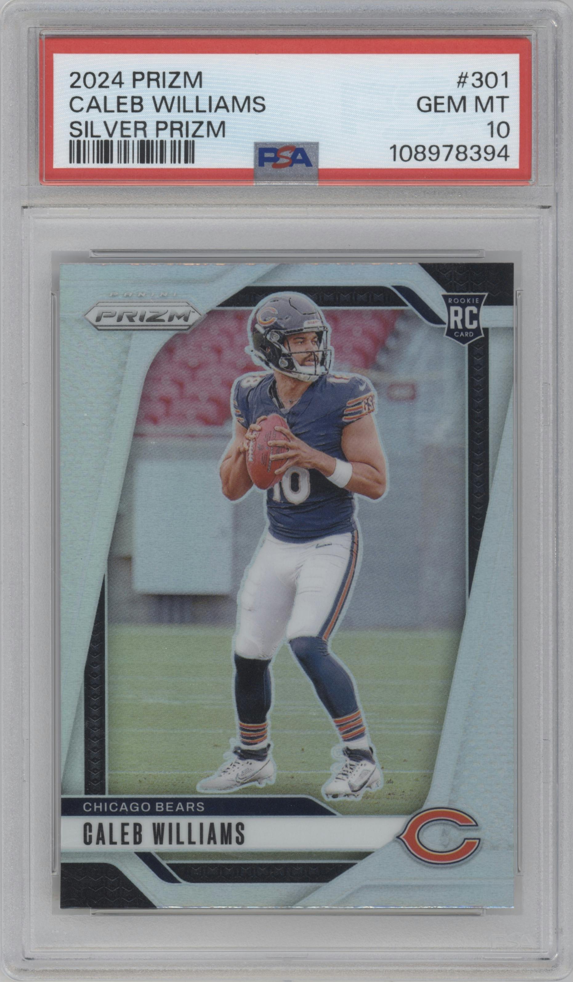 Caleb Williams from the 2024 Panini Prizm set featuring a Silver Prizm parallel graded by PSA and given an overall grade of 10.