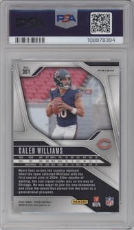 Caleb Williams from the 2024 Panini Prizm set featuring a Silver Prizm parallel graded by PSA and given an overall grade of 10.