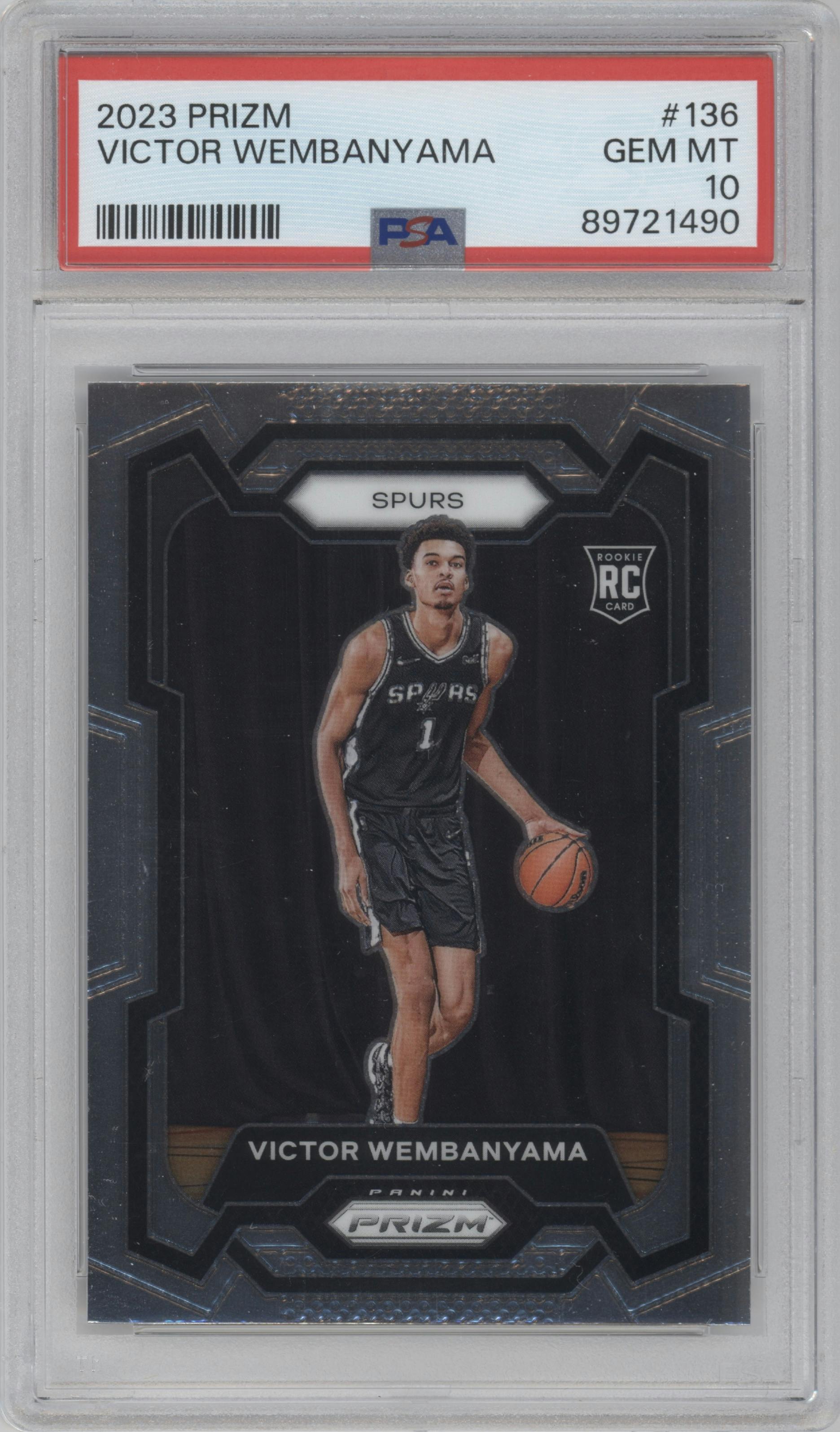 Victor Wembanyama from the 2023-24 Panini Prizm set graded by PSA and given an overall grade of 10.