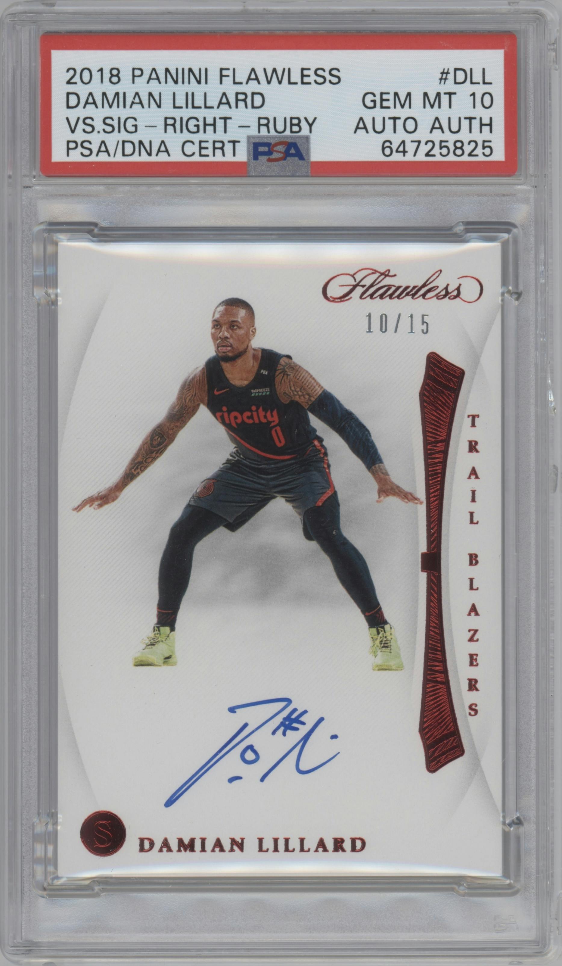 Damian Lillard from the 2018-19 Panini Flawless set featuring a Ruby parallel graded by PSA and given an overall grade of 10.