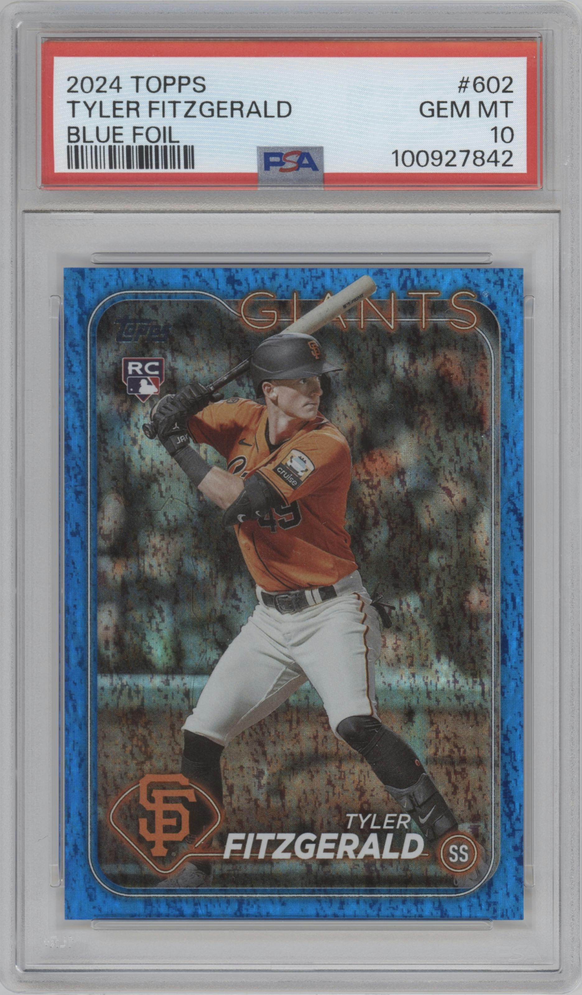 Tyler Fitzgerald from the 2024 Topps  set featuring a Blue Foil parallel graded by PSA and given an overall grade of 10.