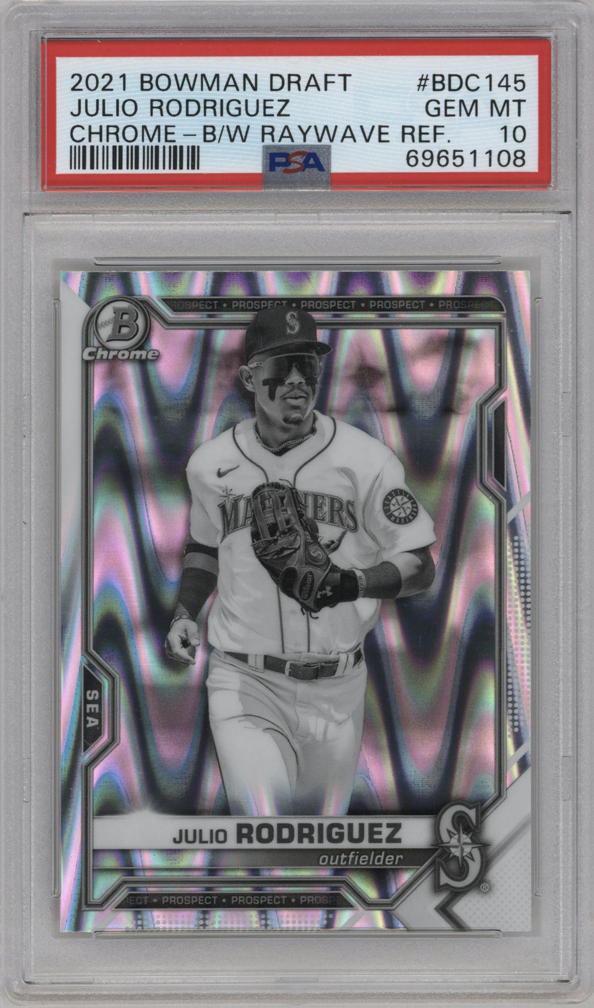Julio Rodriguez from the 2021 Bowman Draft set featuring a Black & White RayWave Refractor parallel graded by PSA and given an overall grade of 10.