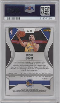 Stephen Curry from the 2019-20 Panini Prizm set featuring a Green Ice parallel graded by PSA and given an overall grade of 10.