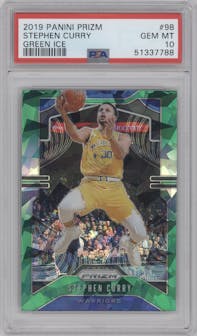 Stephen Curry from the 2019-20 Panini Prizm set featuring a Green Ice parallel graded by PSA and given an overall grade of 10.