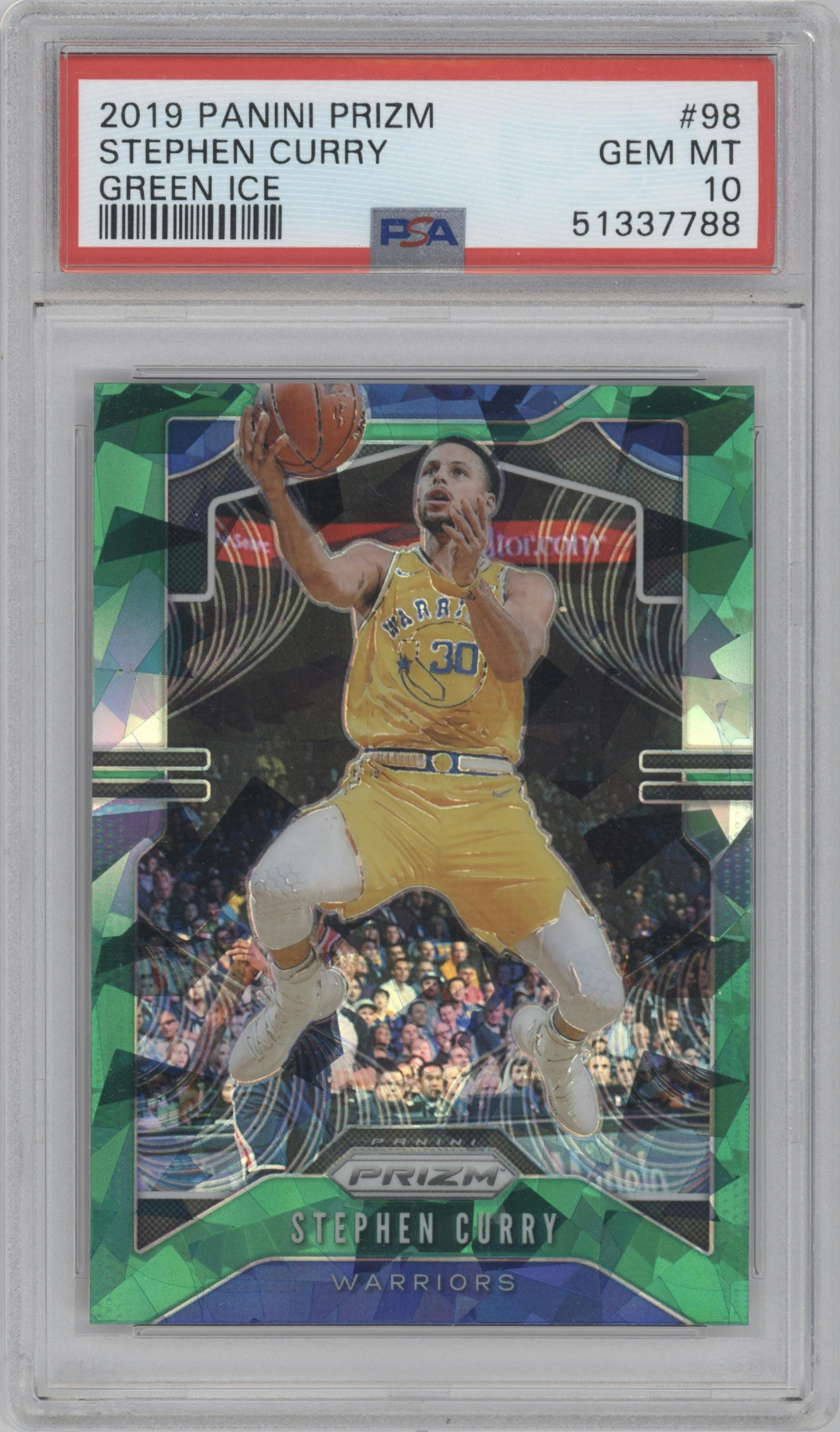 Stephen Curry from the 2019-20 Panini Prizm set featuring a Green Ice parallel graded by PSA and given an overall grade of 10.