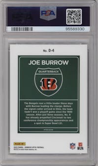 Joe Burrow from the 2023 Donruss Optic set graded by PSA and given an overall grade of 10.