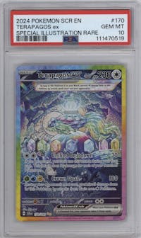 Terapagos ex from the 2024 Pokemon SV set graded by PSA and given an overall grade of 10.