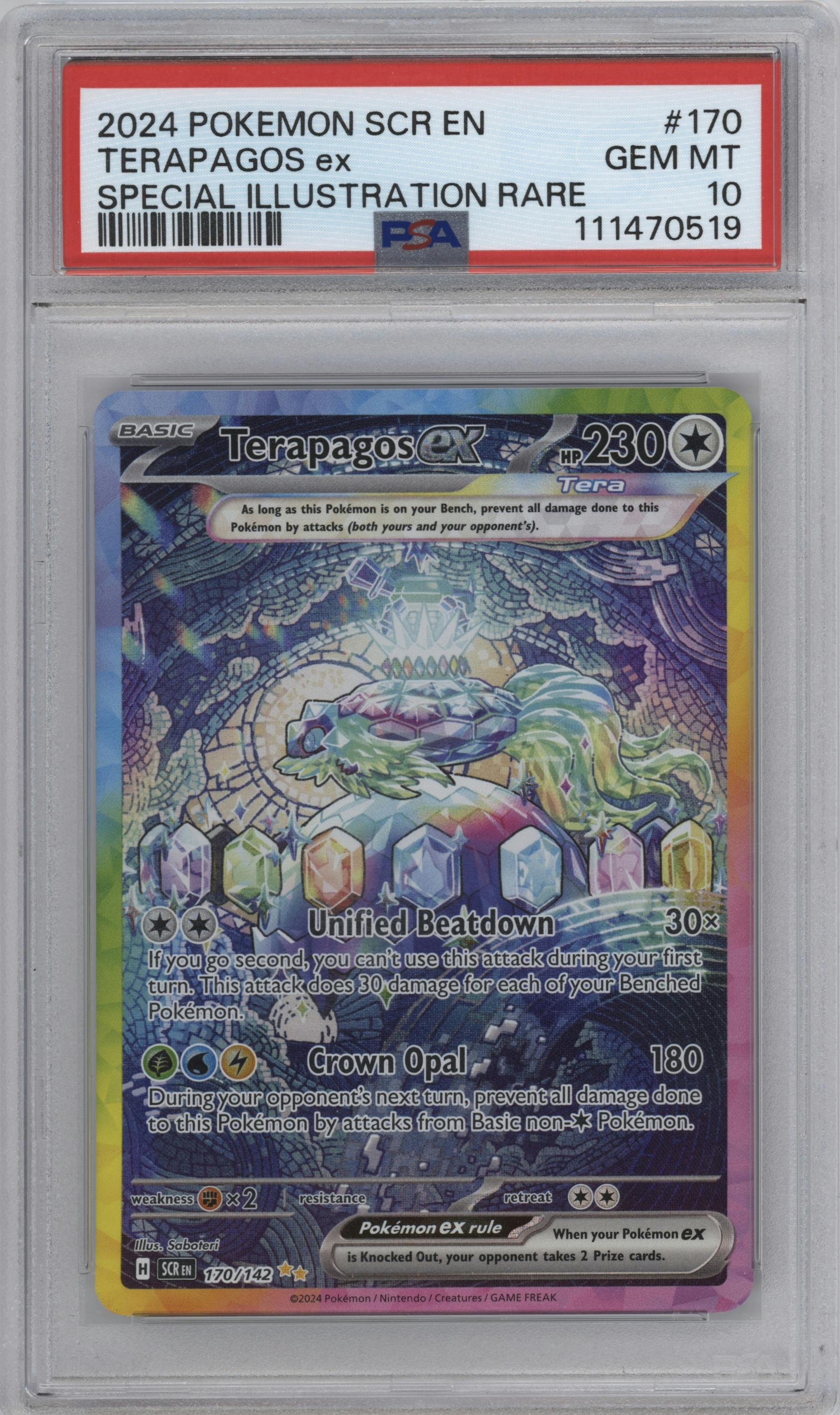 Terapagos ex from the 2024 Pokemon SV set graded by PSA and given an overall grade of 10.