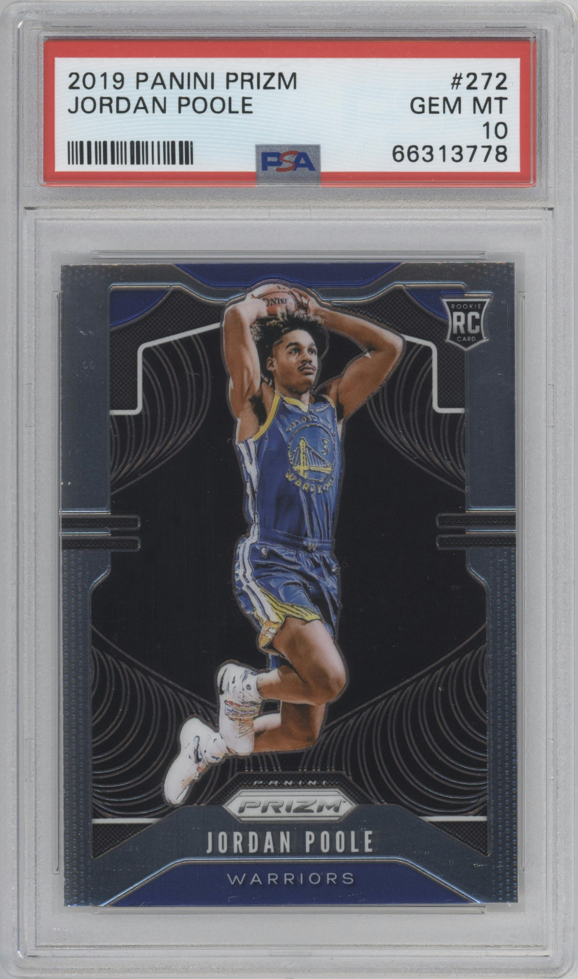 Jordan Poole from the 2019-20 Panini Prizm set graded by PSA and given an overall grade of 10.