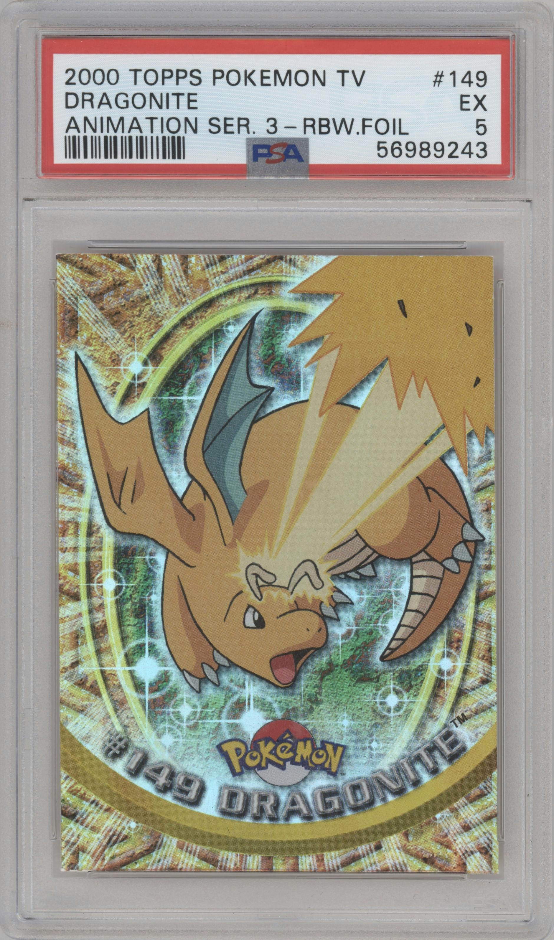 Dragonite from the 2000 Pokemon set featuring a Foil parallel graded by PSA and given an overall grade of 5.