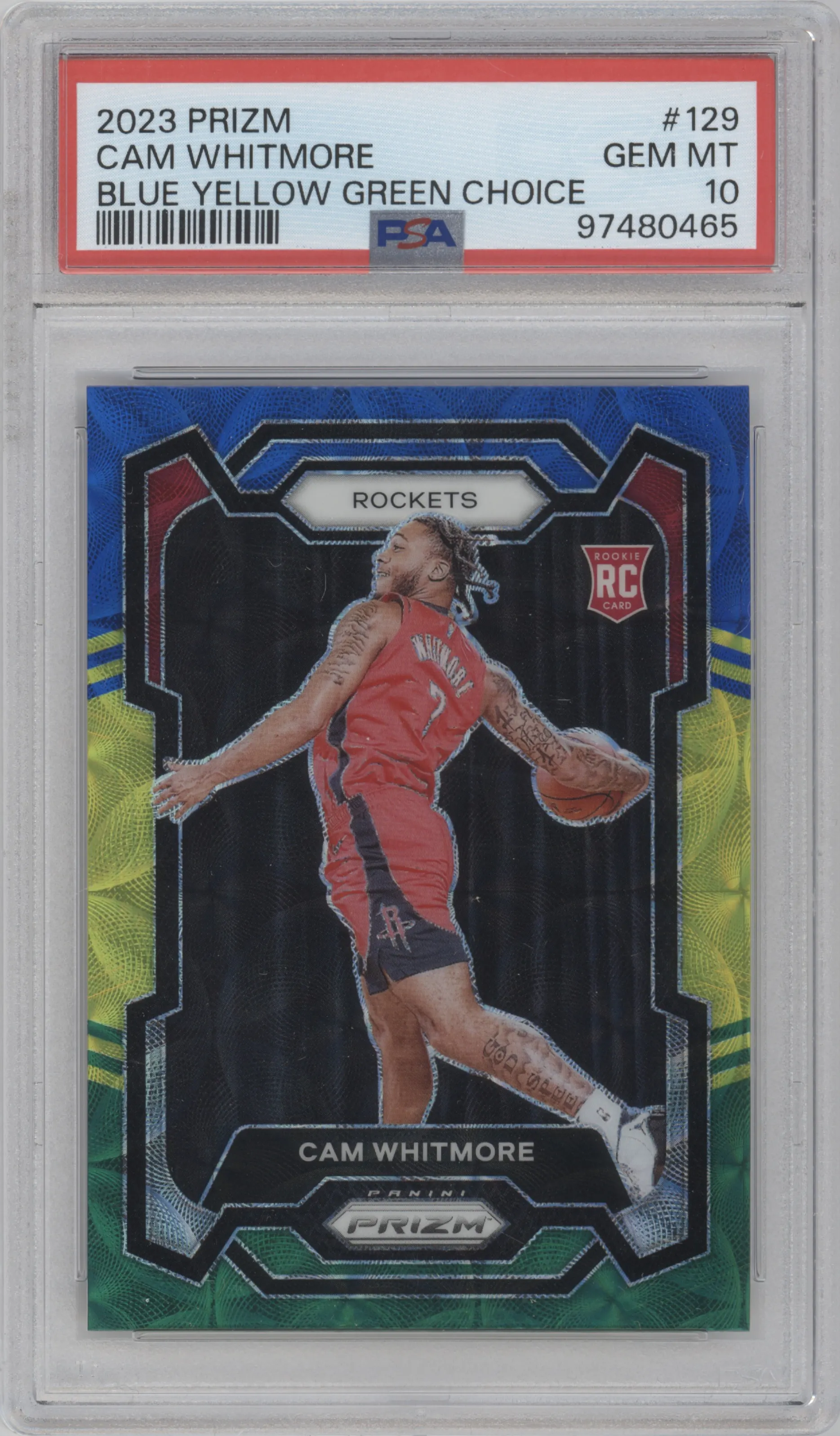 Cam Whitmore from the 2023-24 Panini Prizm set featuring a Choice Blue/Yellow/Green parallel graded by PSA and given an overall grade of 10.