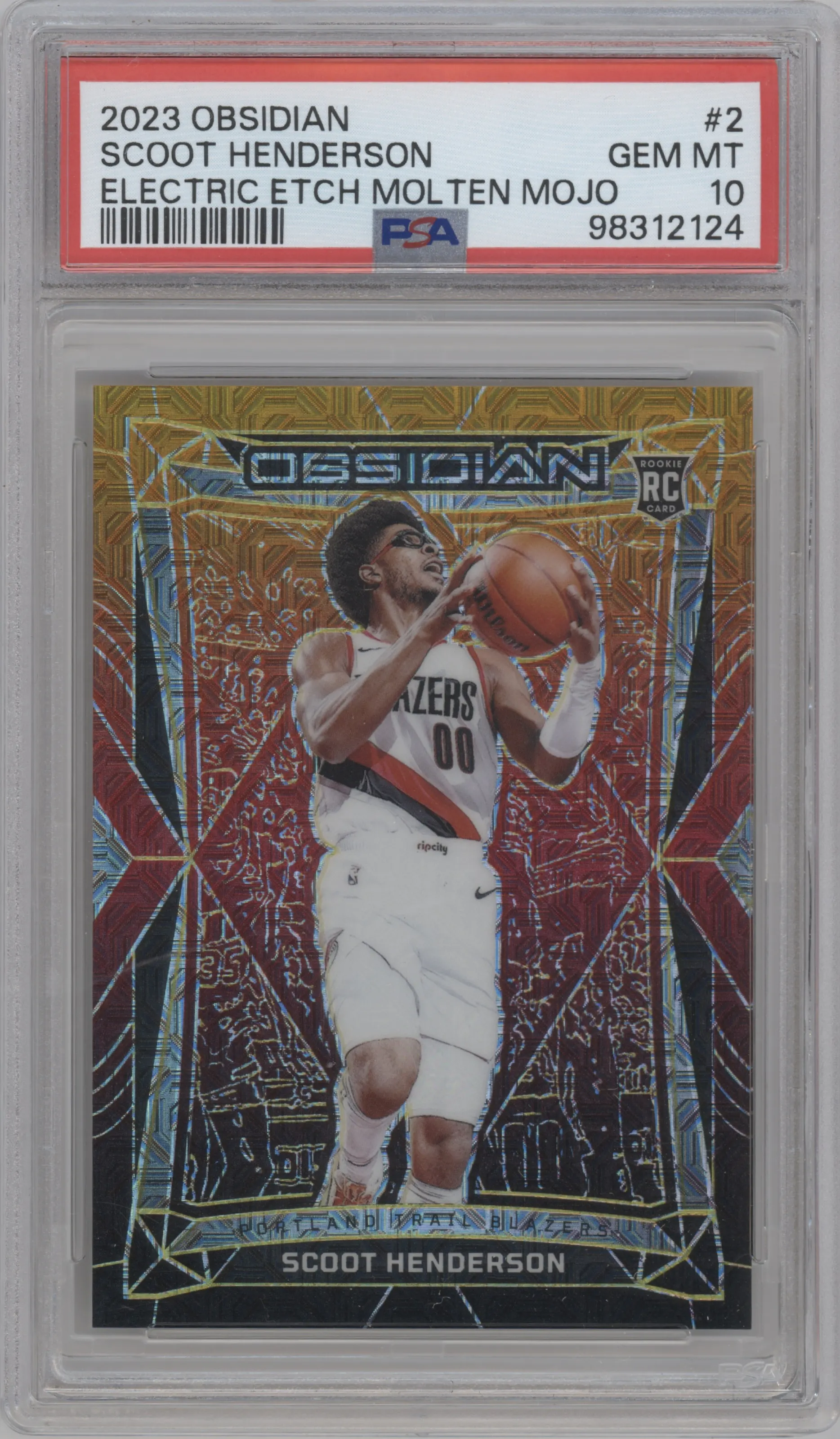 Scoot Henderson  from the 2023-24 Panini Obsidian set featuring a Electric Etch Molten Mojo parallel graded by PSA and given an overall grade of 10.