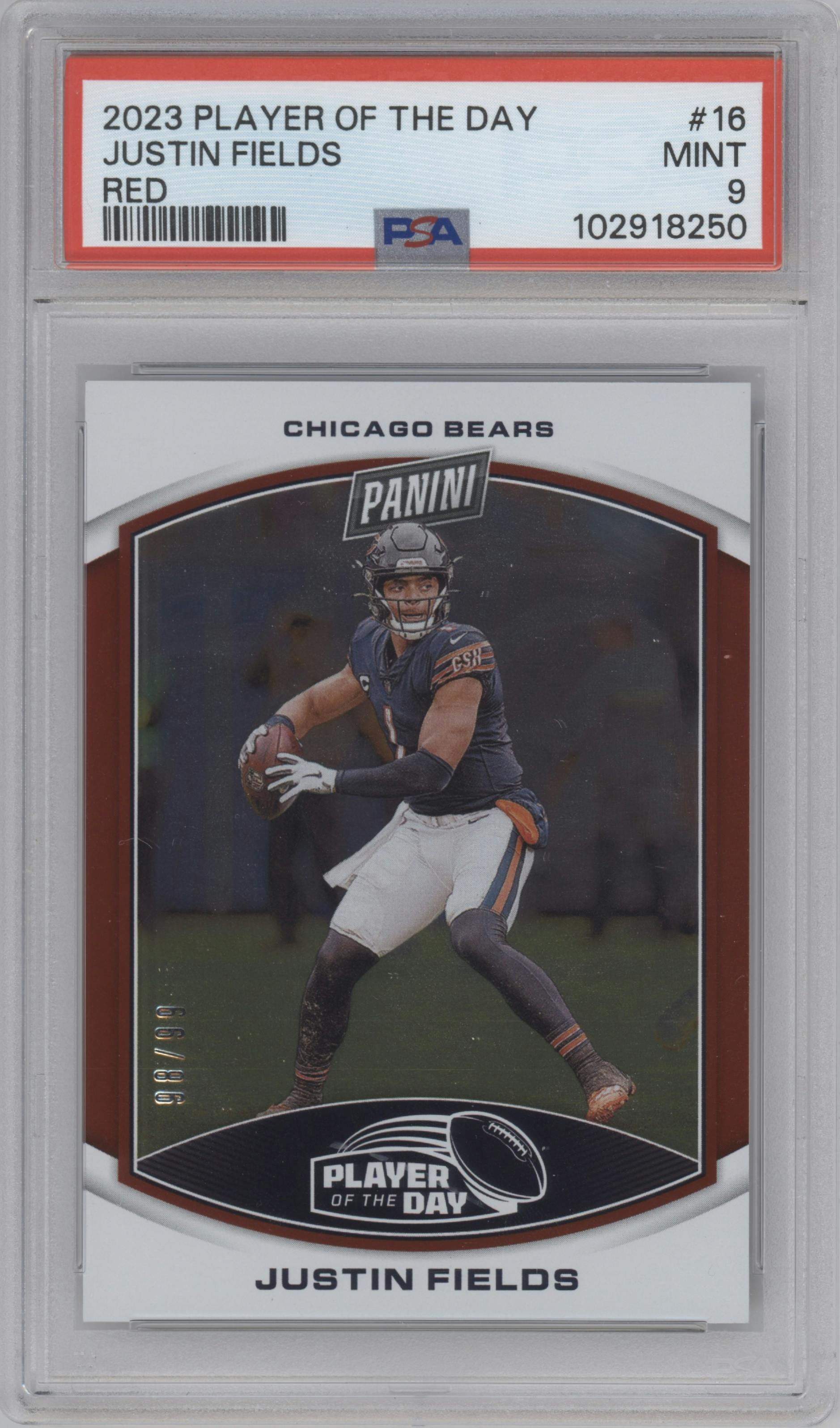 Justin Fields from the 2023 Panini Player of the Day set featuring a Red parallel graded by PSA and given an overall grade of 9.