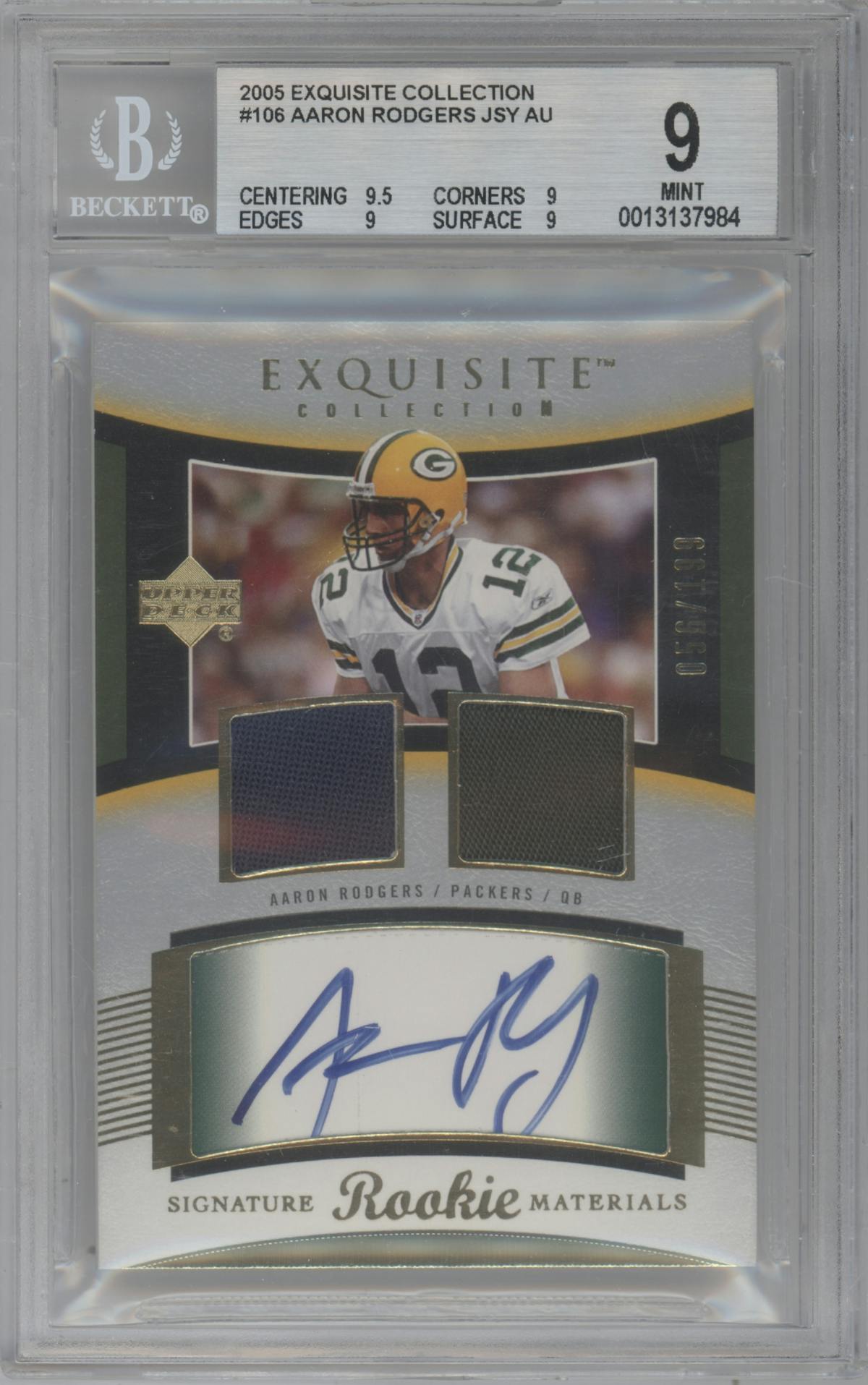 Aaron Rodgers from the 2005 Upper Deck Exquisite Collection set graded by Beckett and given an overall grade of 9.