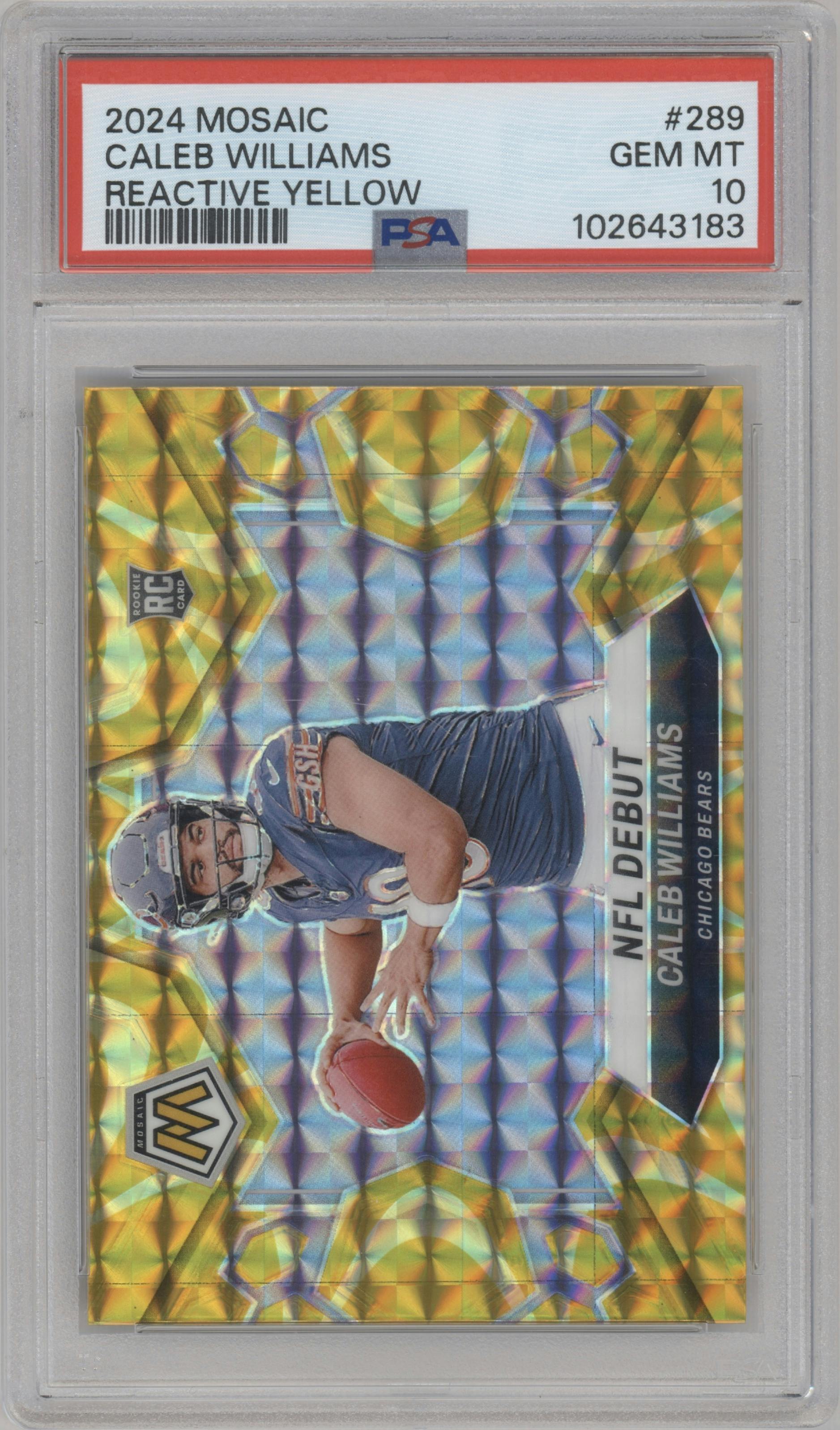 Caleb Williams from the 2024 Panini Mosaic set featuring a Reactive Yellow parallel graded by PSA and given an overall grade of 10.