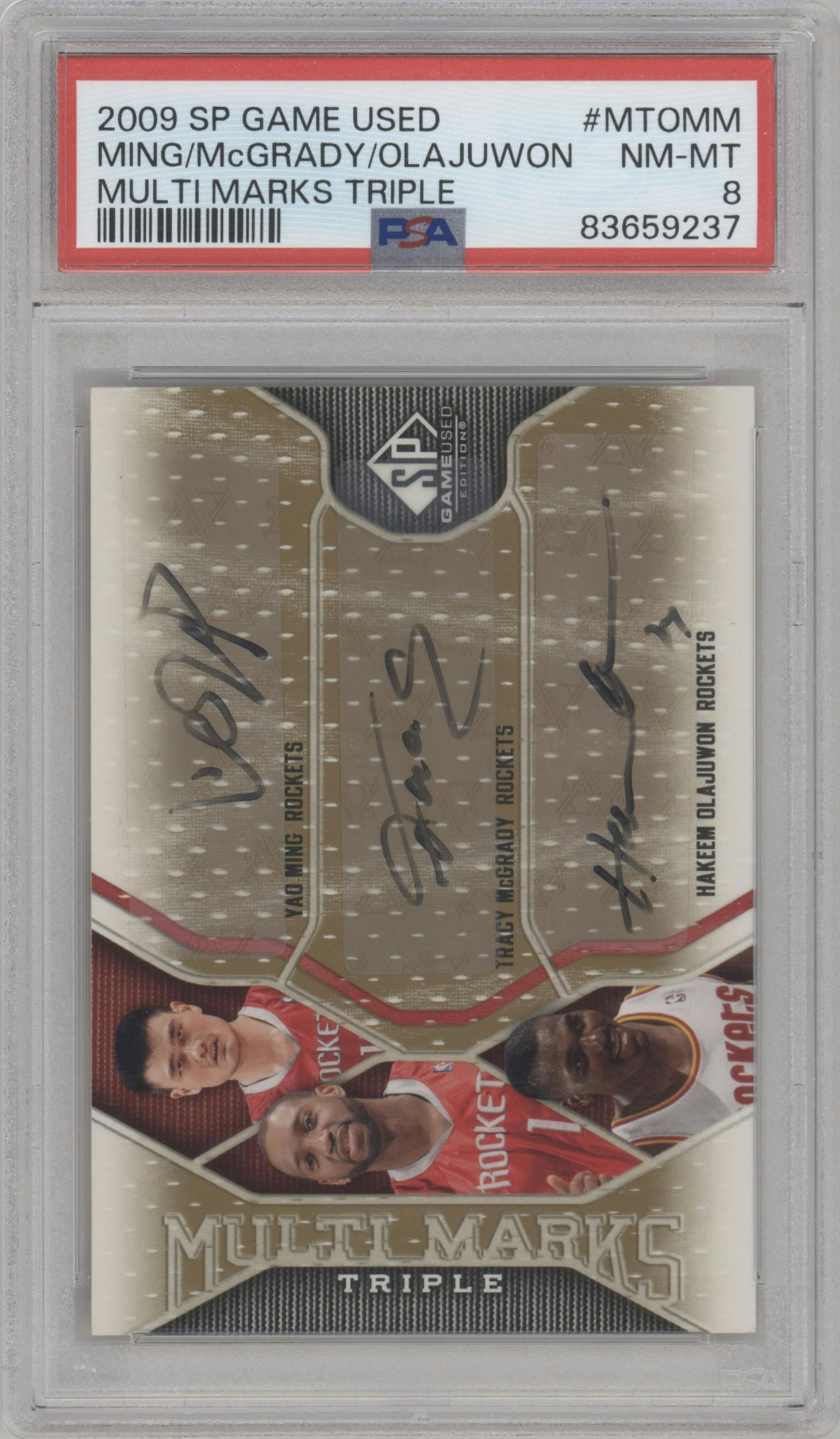 Hakeem Olajuwon/Yao Ming/Tracy McGrady from the 2009-10 SP Game Used set graded by PSA and given an overall grade of 8.