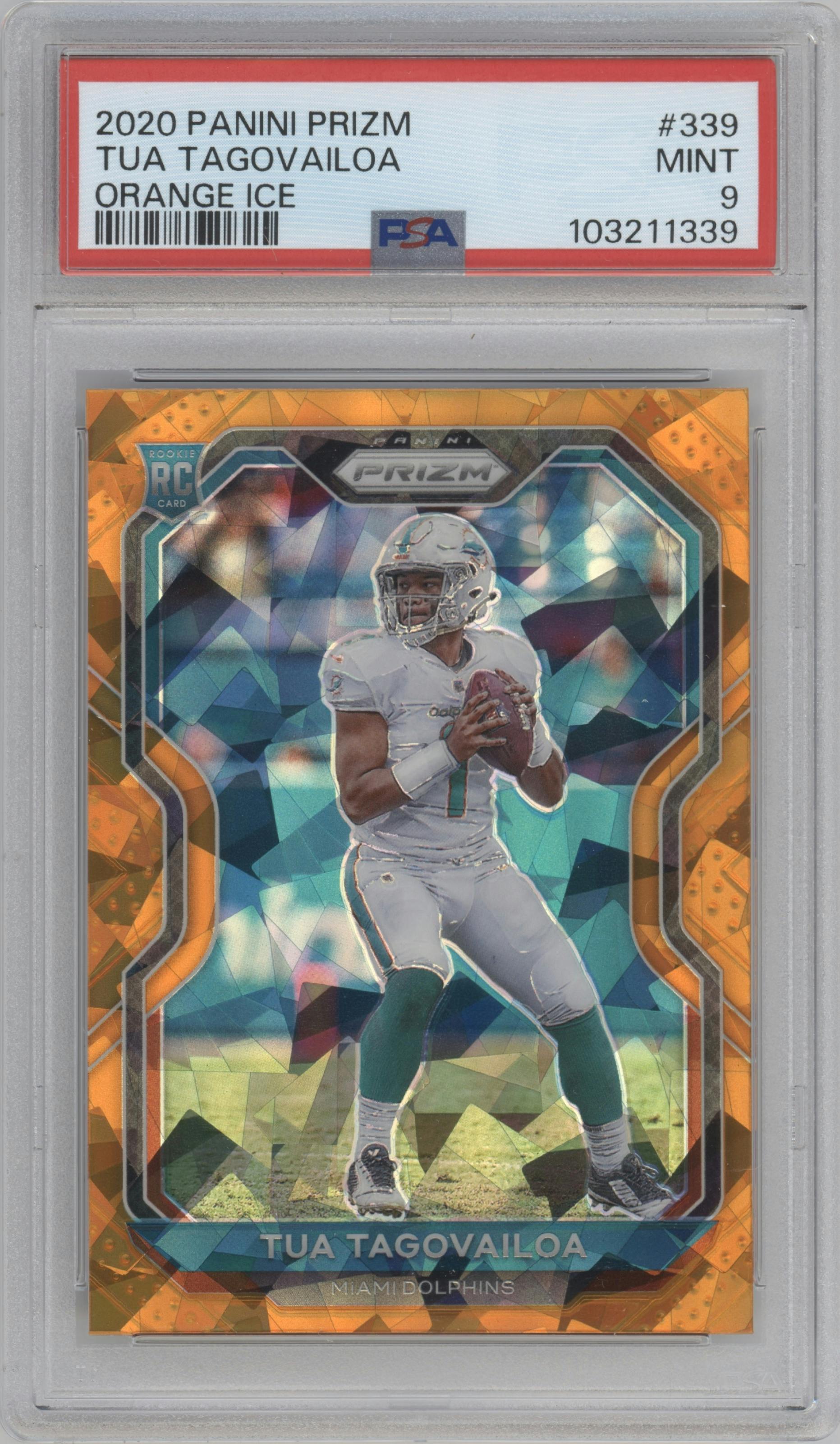 Tua Tagovailoa from the 2020 Panini Prizm set featuring a Orange Ice parallel graded by PSA and given an overall grade of 9.