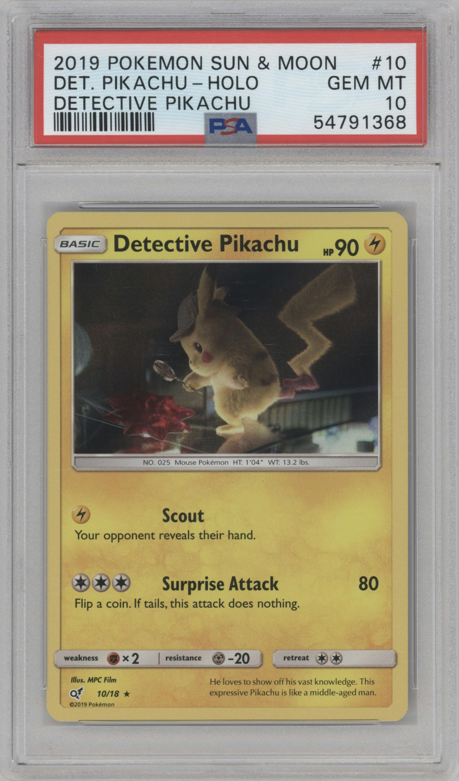 Detective Pikachu from the 2019 Pokemon S&M  set graded by PSA and given an overall grade of 10.