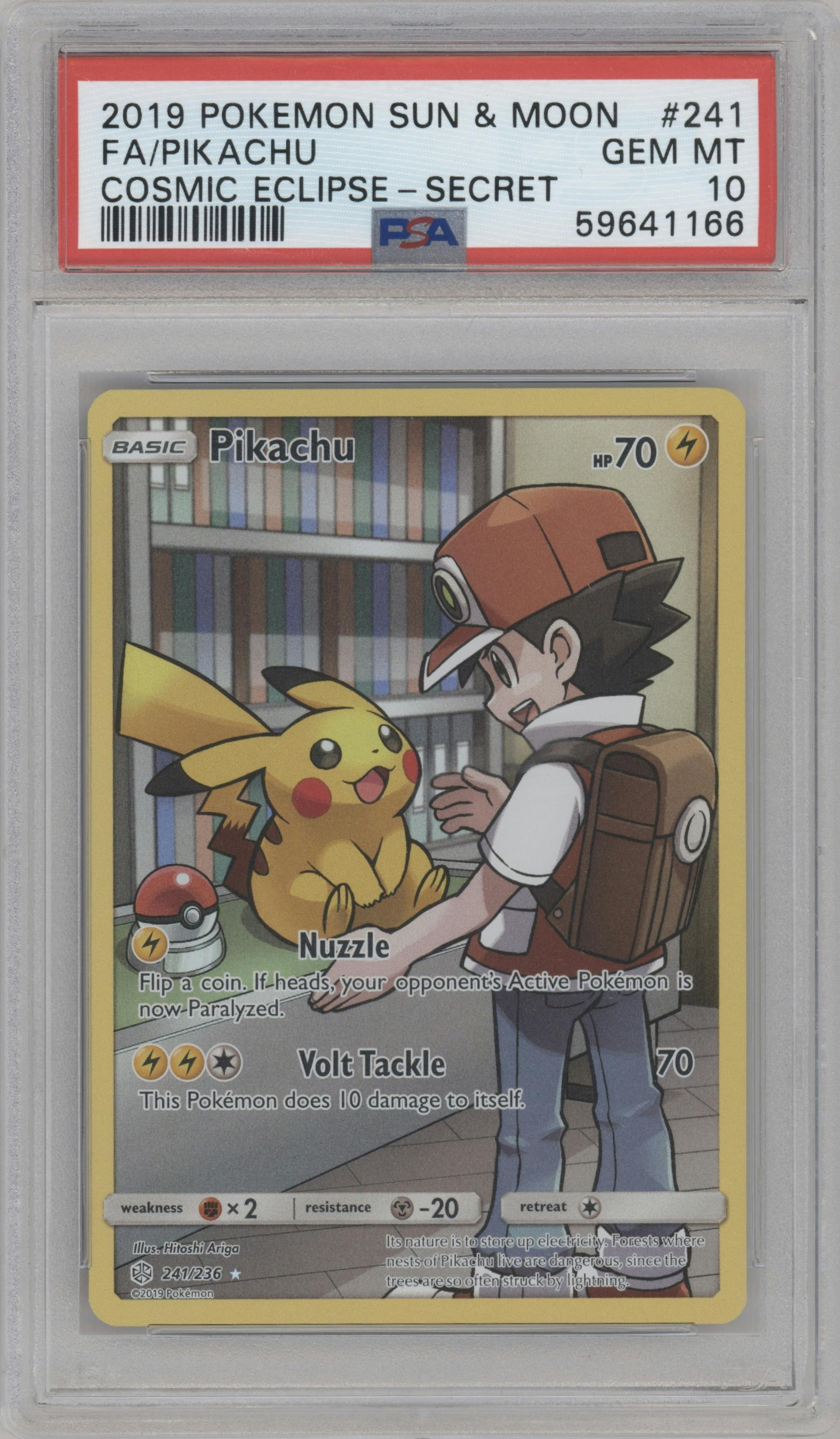 Pikachu from the 2019 Pokemon S&M  set graded by PSA and given an overall grade of 10.