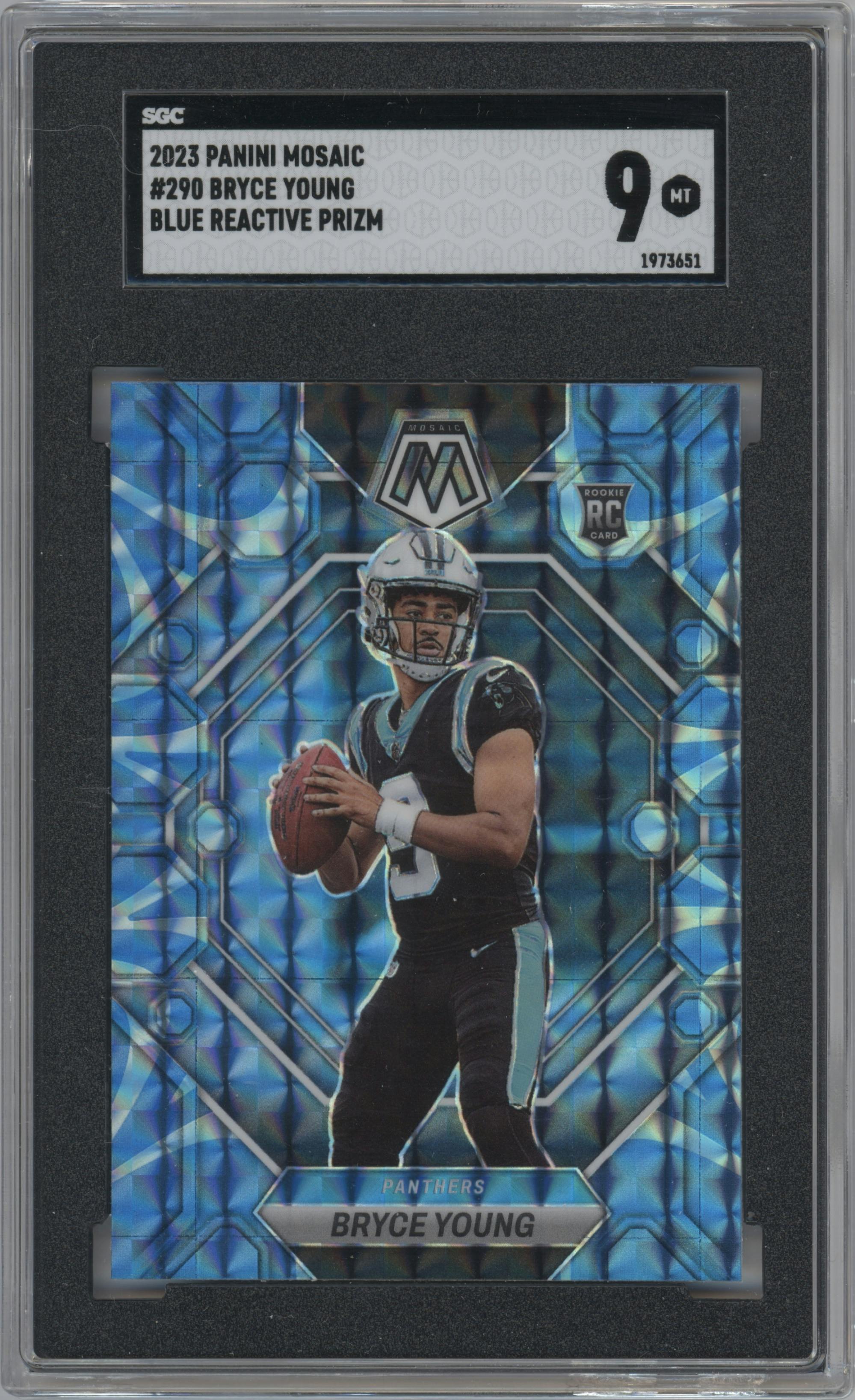Bryce Young  from the 2023 Panini Mosaic set featuring a Reactive Blue parallel graded by SGC and given an overall grade of 9.