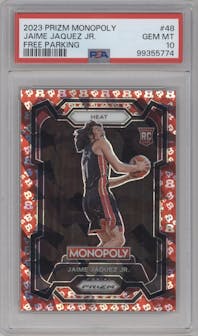 Jaime Jaquez Jr. from the 2023-24 Panini Prizm Monopoly set featuring a Free Parking parallel graded by PSA and given an overall grade of 10.