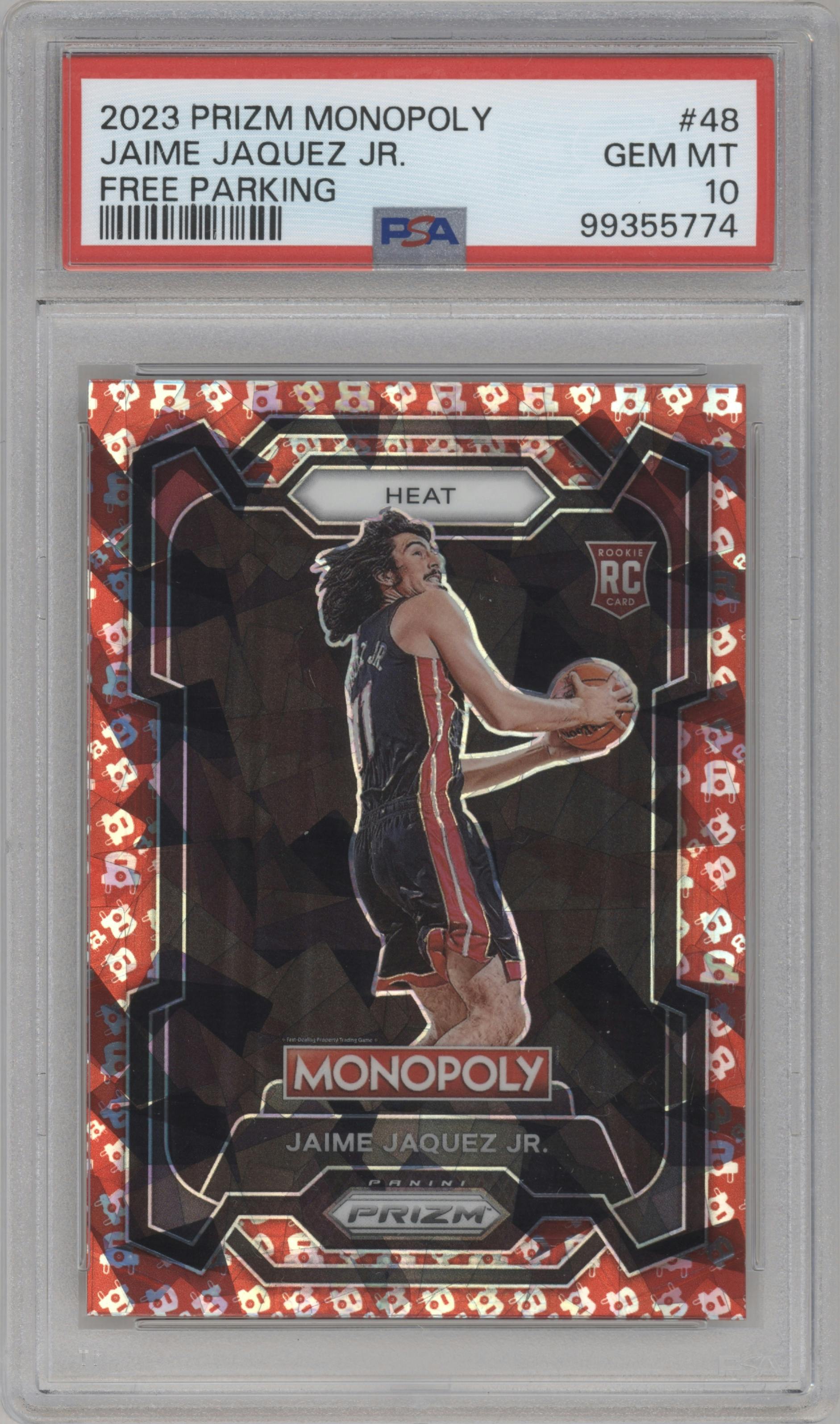 Jaime Jaquez Jr. from the 2023-24 Panini Prizm Monopoly set featuring a Free Parking parallel graded by PSA and given an overall grade of 10.