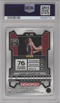 Jaime Jaquez Jr. from the 2023-24 Panini Prizm Monopoly set featuring a Free Parking parallel graded by PSA and given an overall grade of 10.