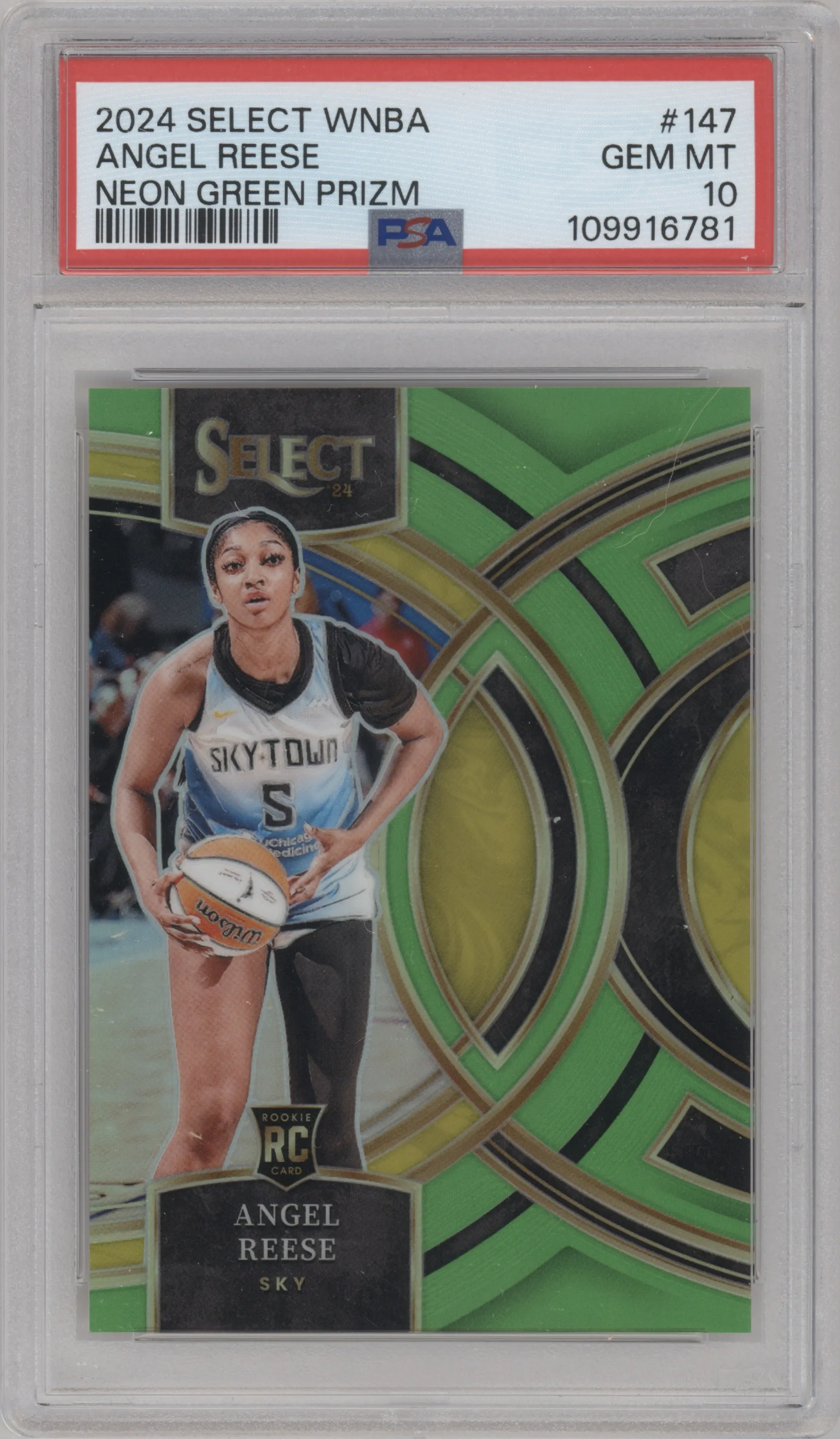 Angel Reese from the 2024 Panini Select WNBA set featuring a Neon Green Prizm parallel graded by PSA and given an overall grade of 10.