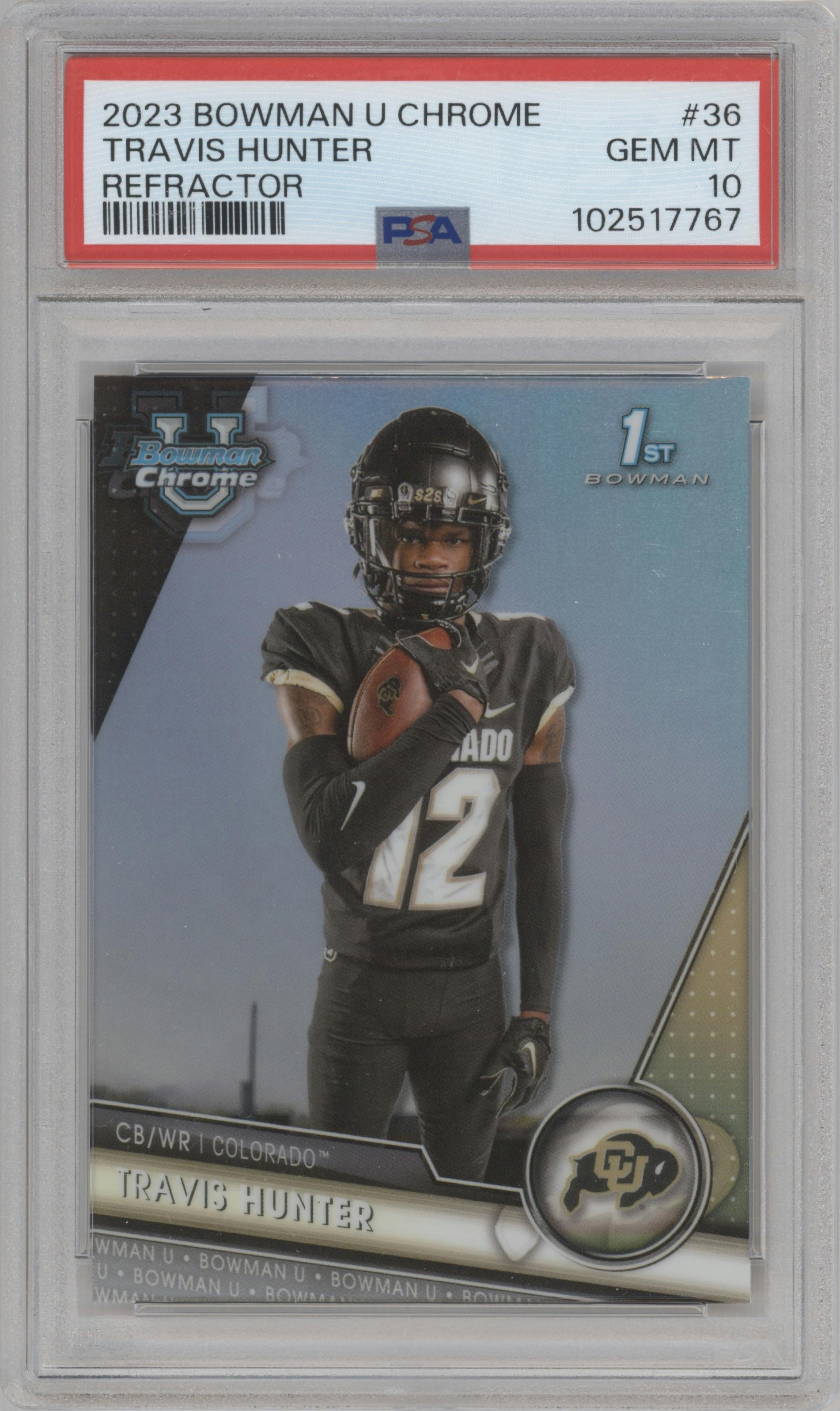Travis Hunter  from the 2023 Bowman Chrome University set featuring a Refractor parallel graded by PSA and given an overall grade of 10.