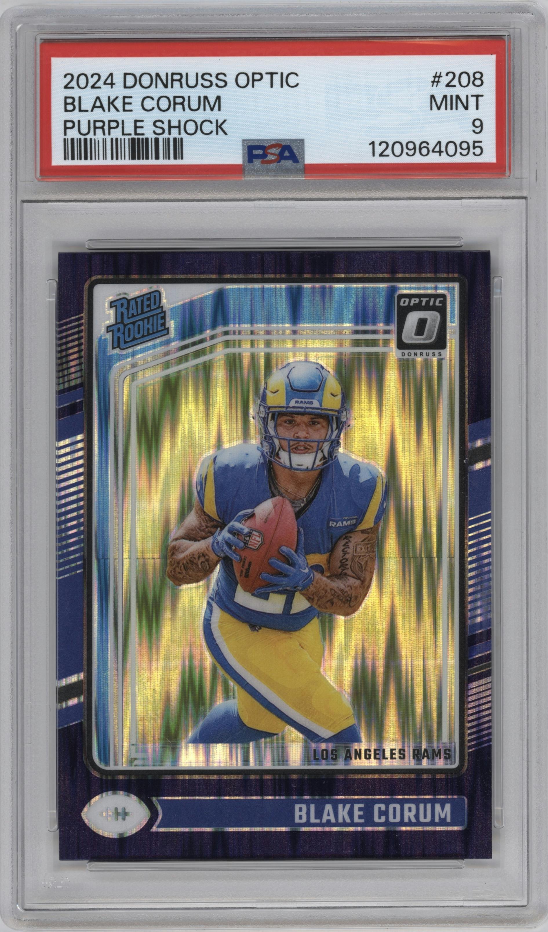 Blake Corum from the 2024 Donruss Optic set featuring a Purple Shock parallel graded by PSA and given an overall grade of 9.