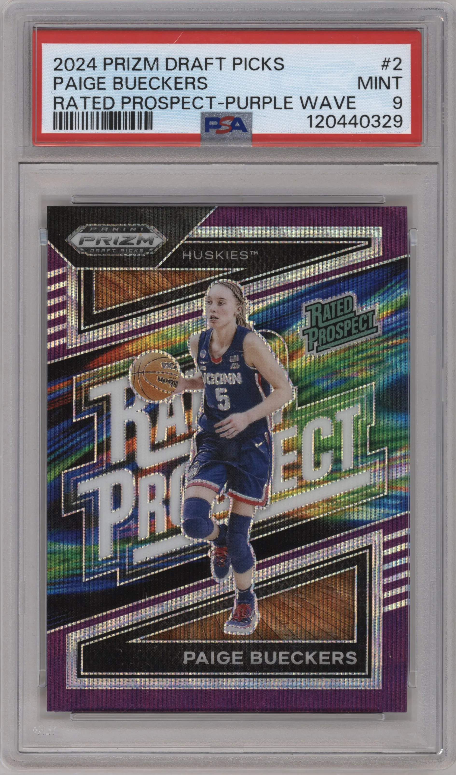 2024 Panini Prizm Draft Picks Rated Prospect Paige Bueckers Purple Wave #2 PSA 9