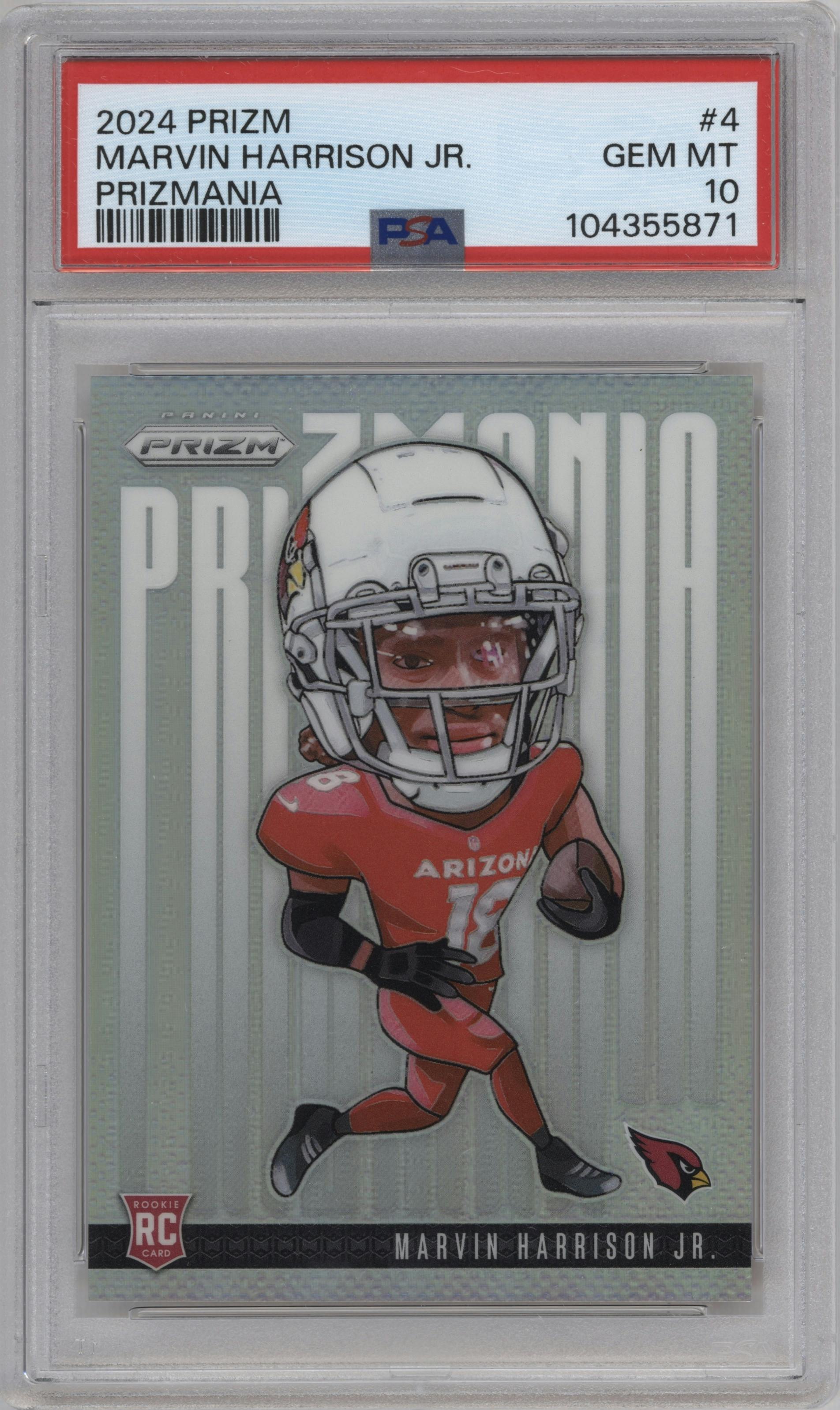 Marvin Harrison Jr. from the 2024 Panini Prizm set graded by PSA and given an overall grade of 10.