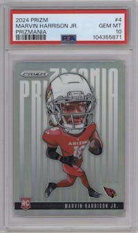 Marvin Harrison Jr. from the 2024 Panini Prizm set graded by PSA and given an overall grade of 10.